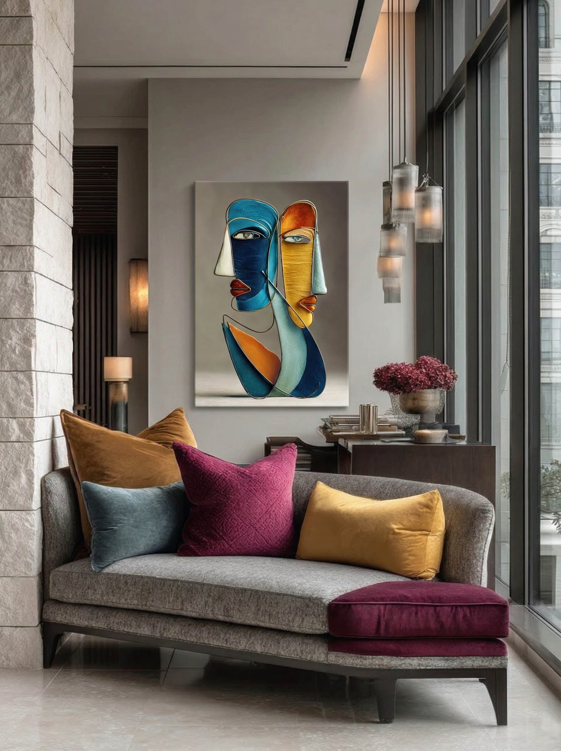 Blue and Gold Faces – Surreal Wire Sculpture Portrait Wall Art 412
