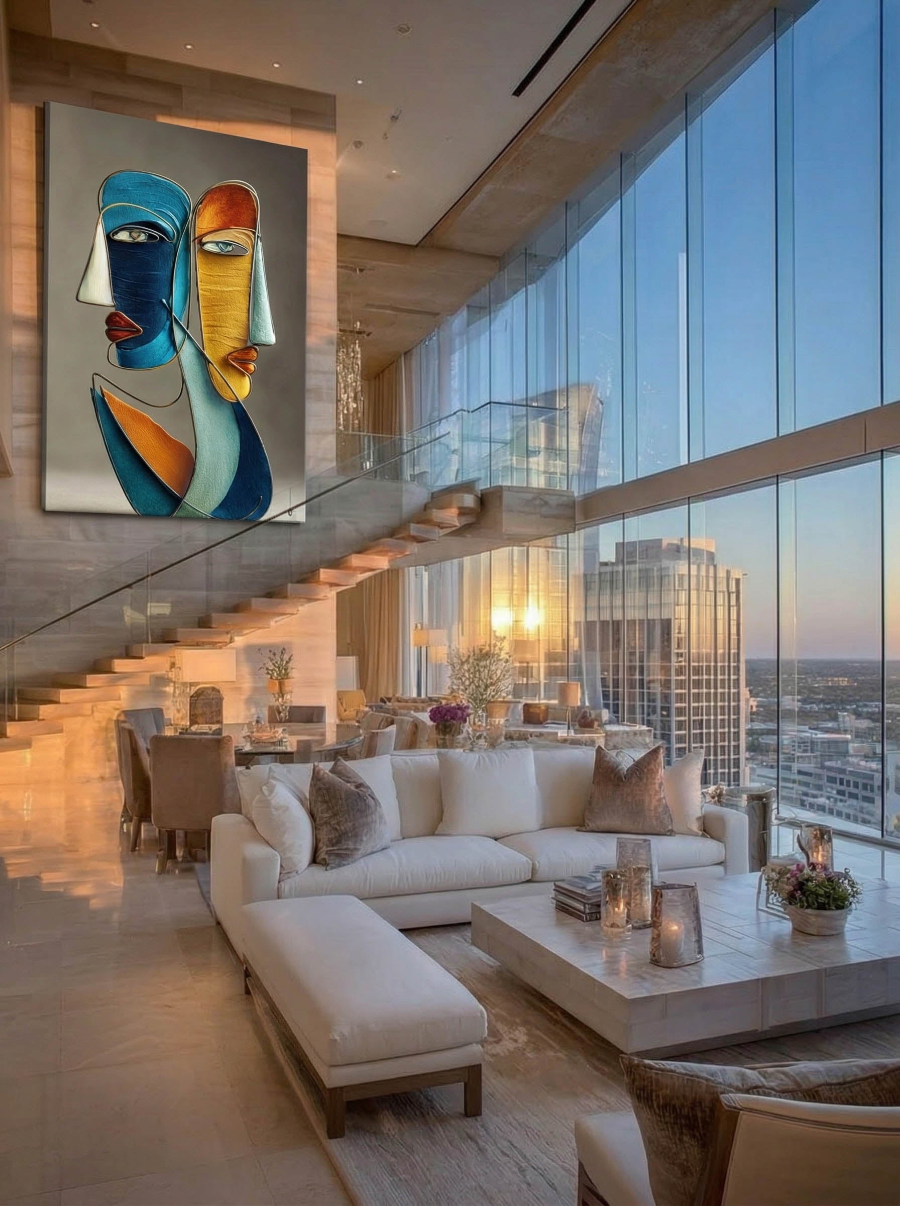Blue and Gold Faces – Surreal Wire Sculpture Portrait Wall Art 412