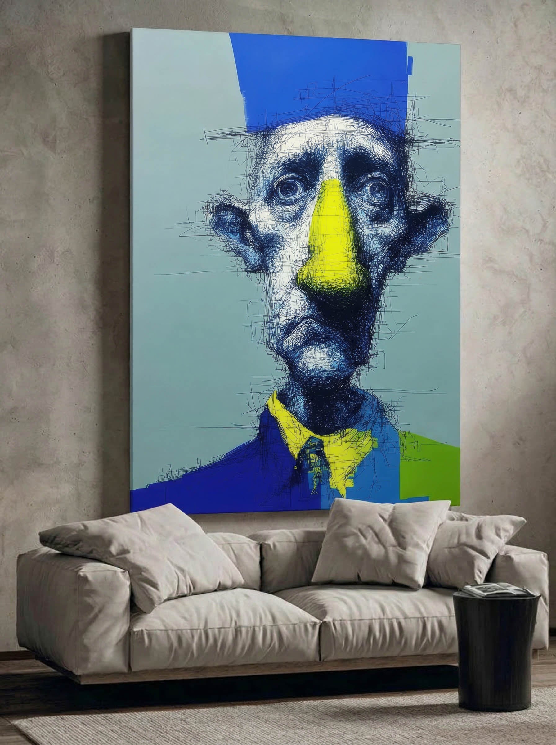 Blue Hat Man – Surreal Expressive Cross-Hatch Wall Art 425