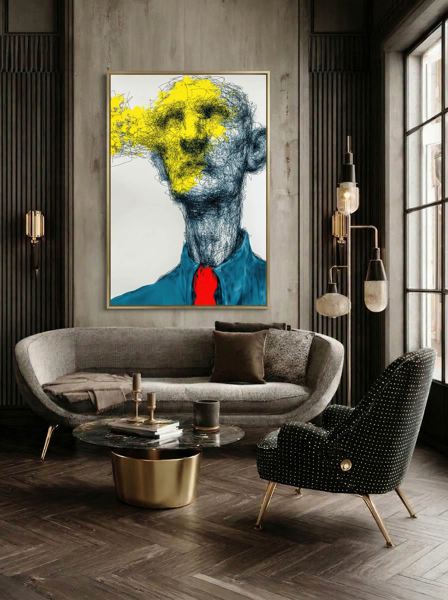 Yellow Splash – Surreal Expressive Line Portrait Wall Art 426