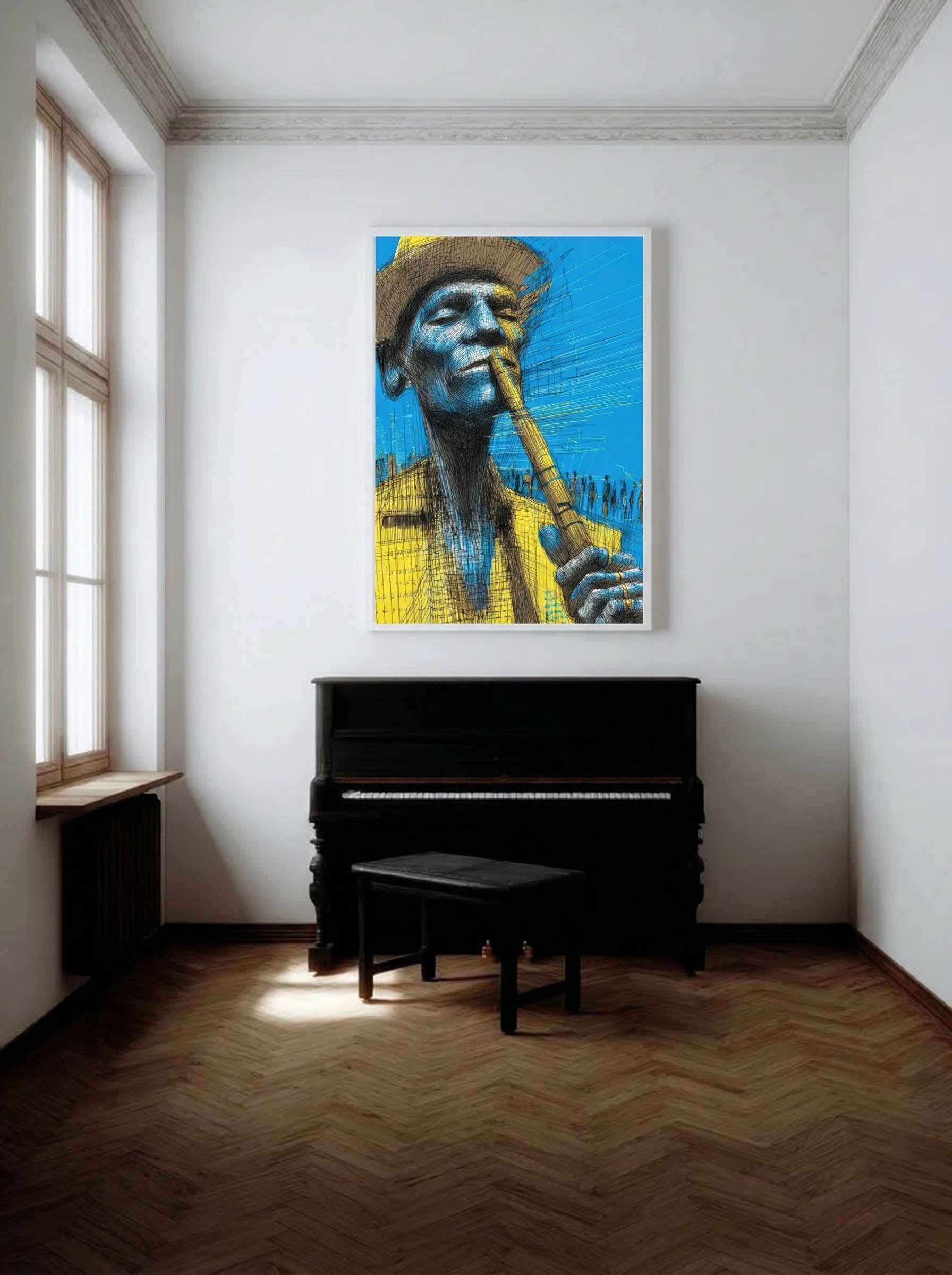 Blue Note Player – Surreal Expressive Musician Wall Art 430