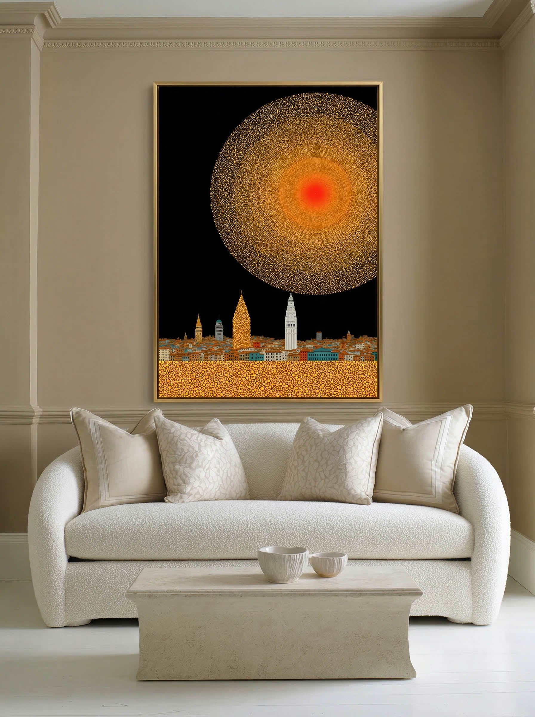Gold Sun City – Surreal Pointillist Solar Cityscape Wall Art 434 Secondary image