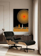 Gold Sun City – Surreal Pointillist Solar Cityscape Wall Art 434