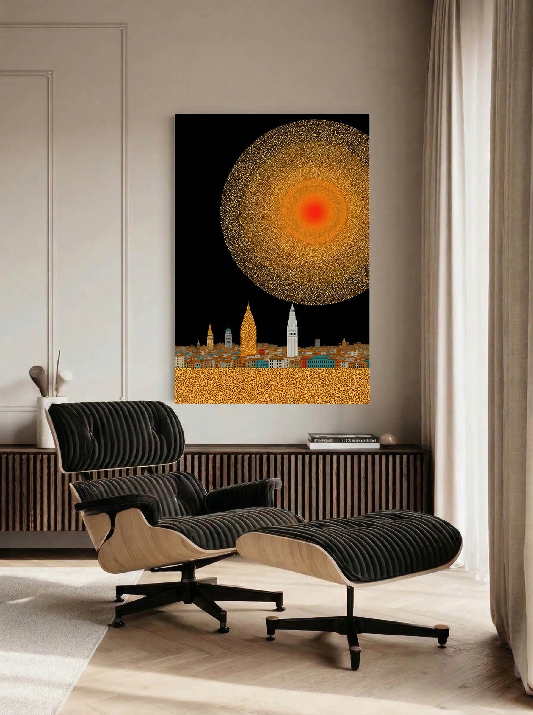 Gold Sun City – Surreal Pointillist Solar Cityscape Wall Art 434