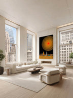 Gold Sun City – Surreal Pointillist Solar Cityscape Wall Art 434