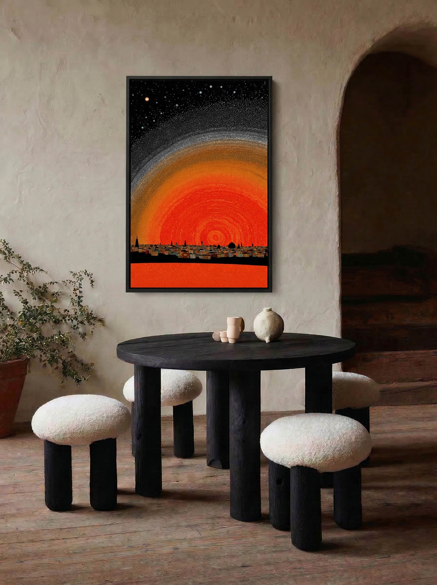 Red Rising City – Surreal Pointillist Night Cityscape Wall Art 436