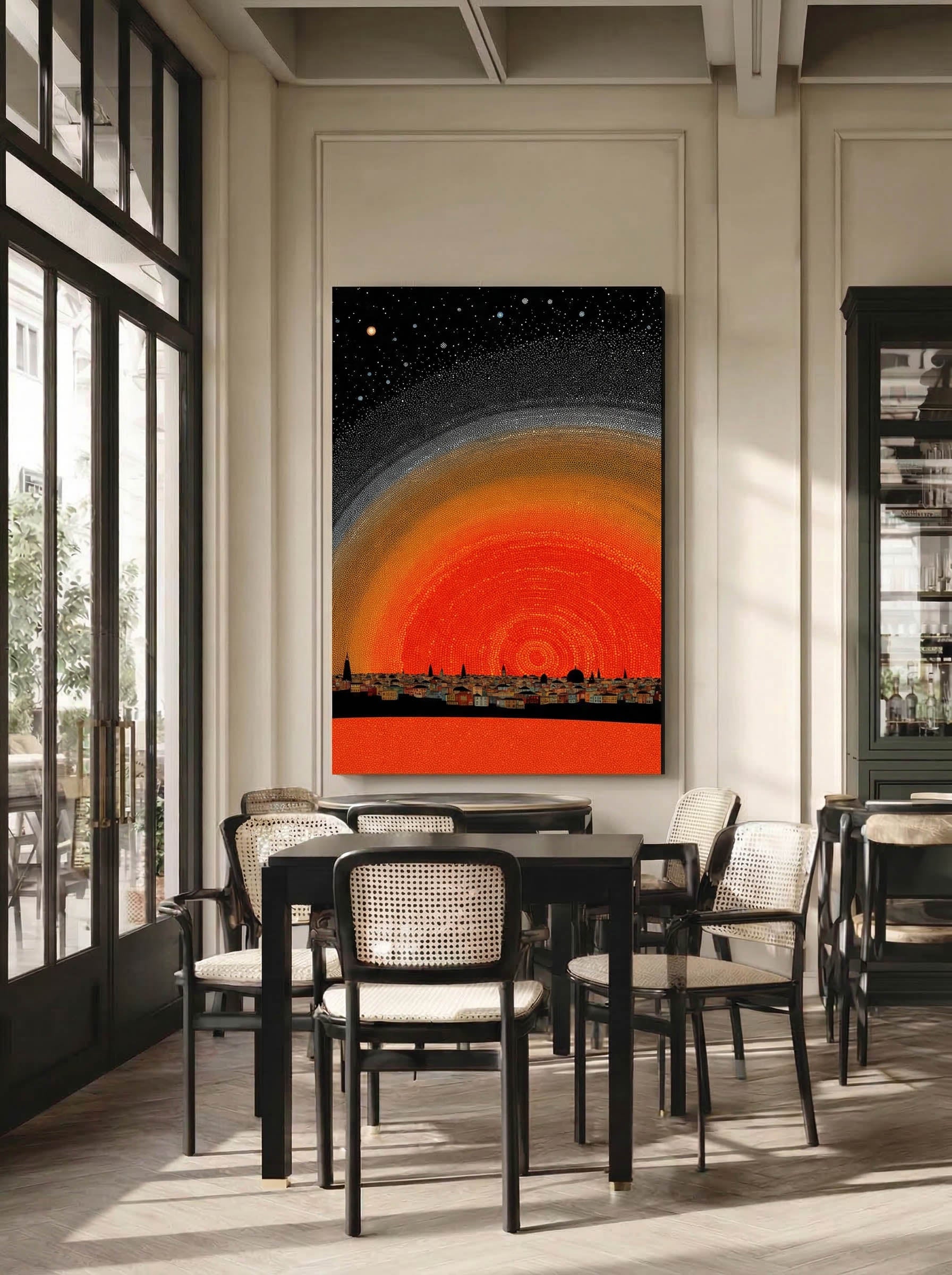 Red Rising City – Surreal Pointillist Night Cityscape Wall Art 436
