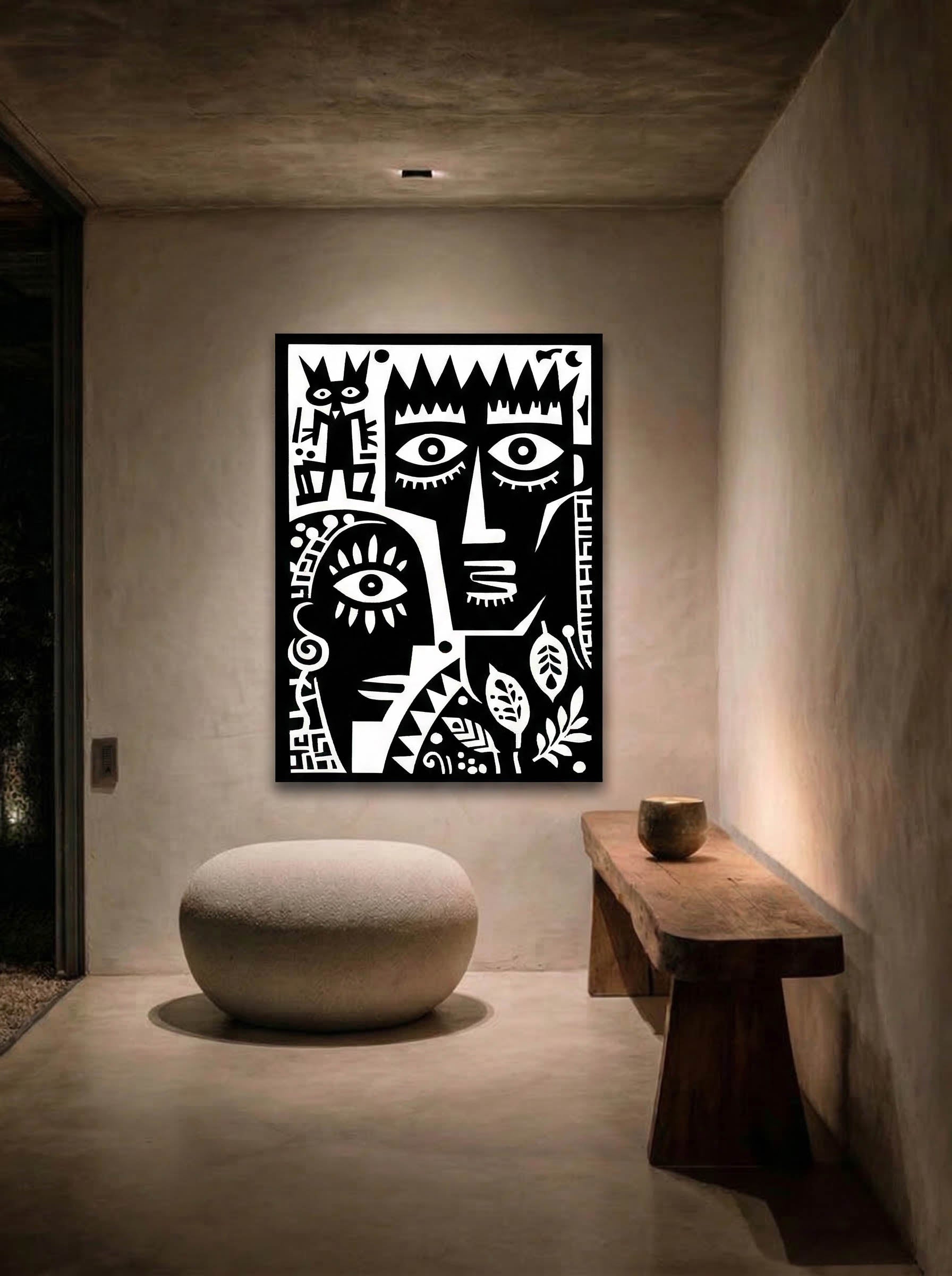 Faces and Symbols – Surreal Folk Art Totem Wall Art 438