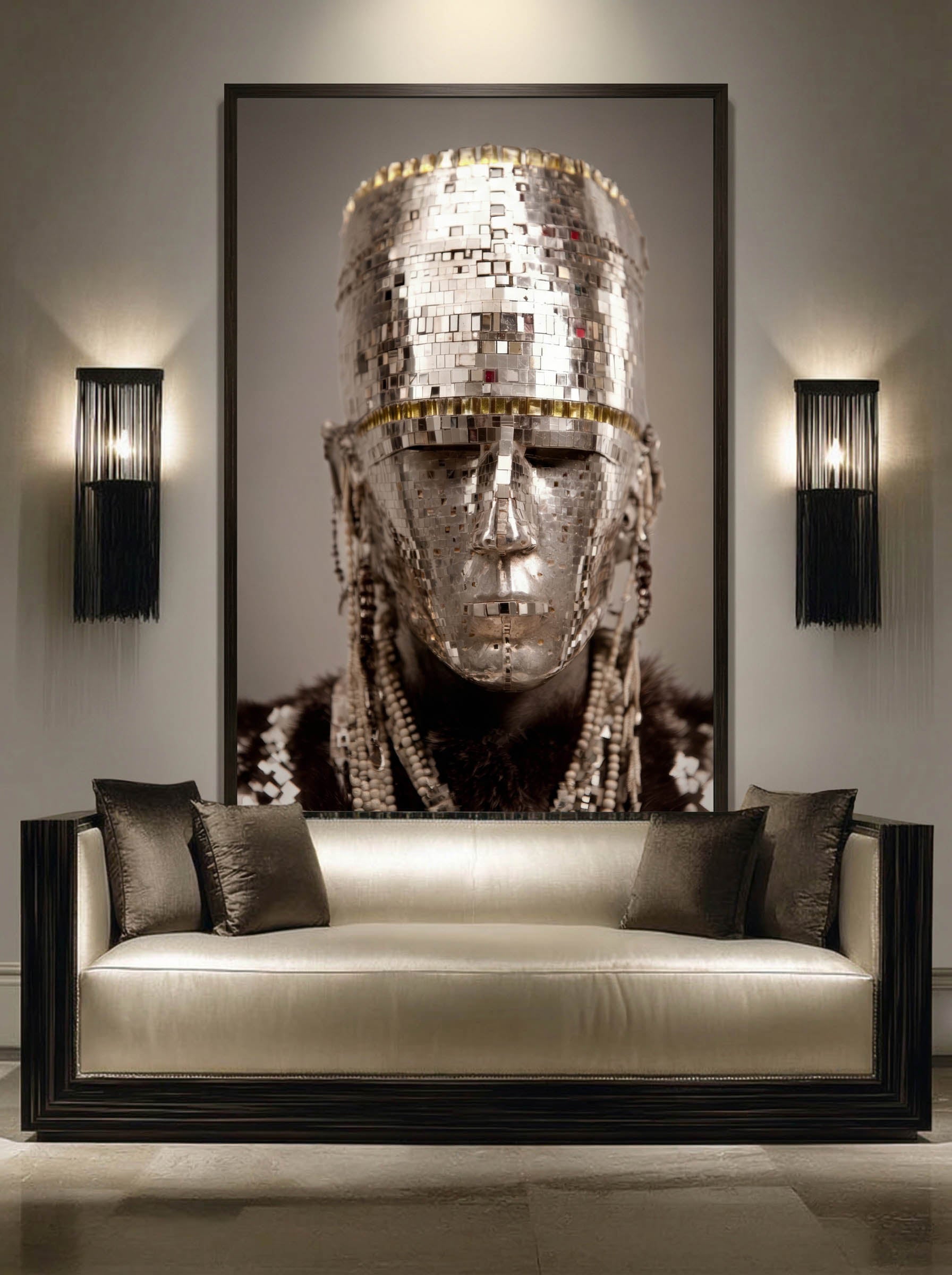 Mirror Mask – Surreal Silver Mosaic Ceremonial Wall Art 441 Secondary image