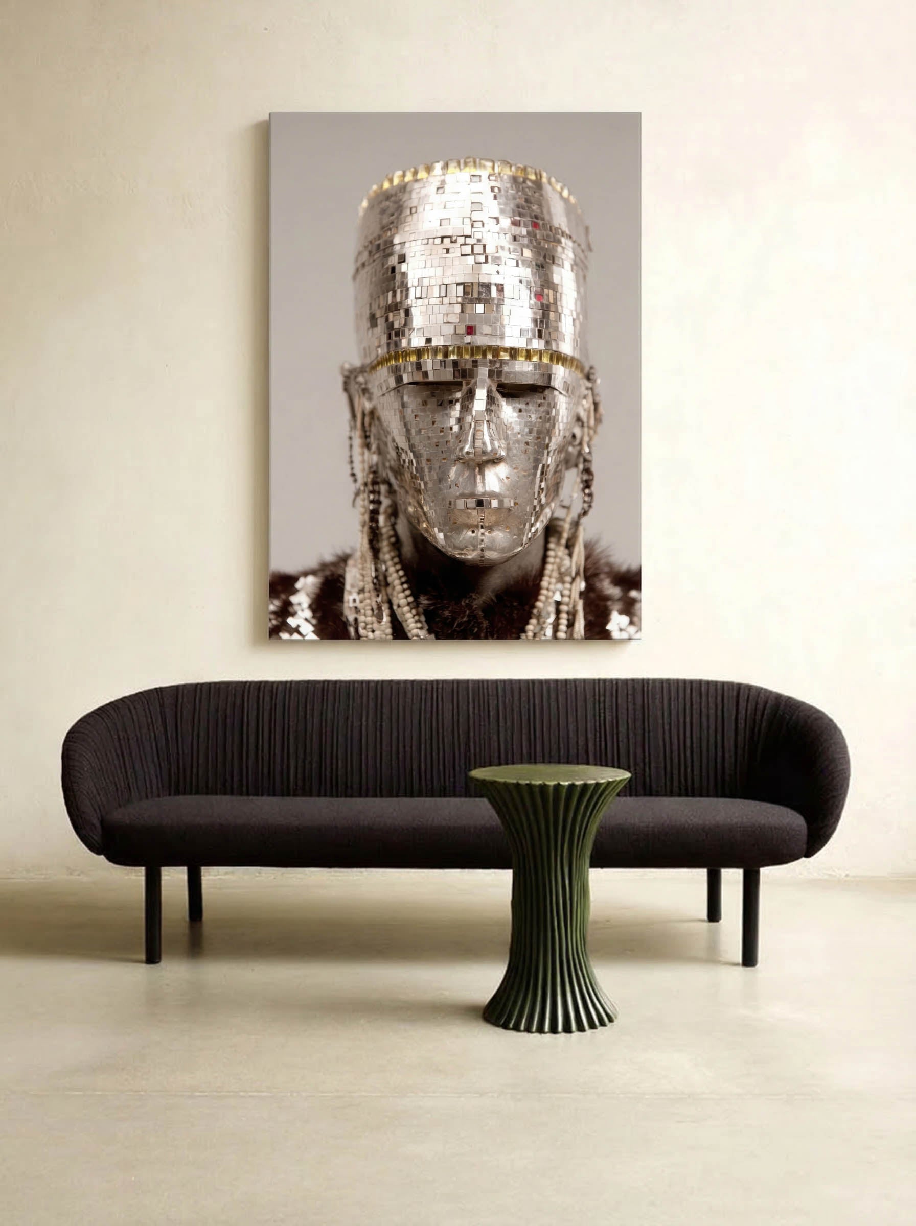 Mirror Mask – Surreal Silver Mosaic Ceremonial Wall Art 441