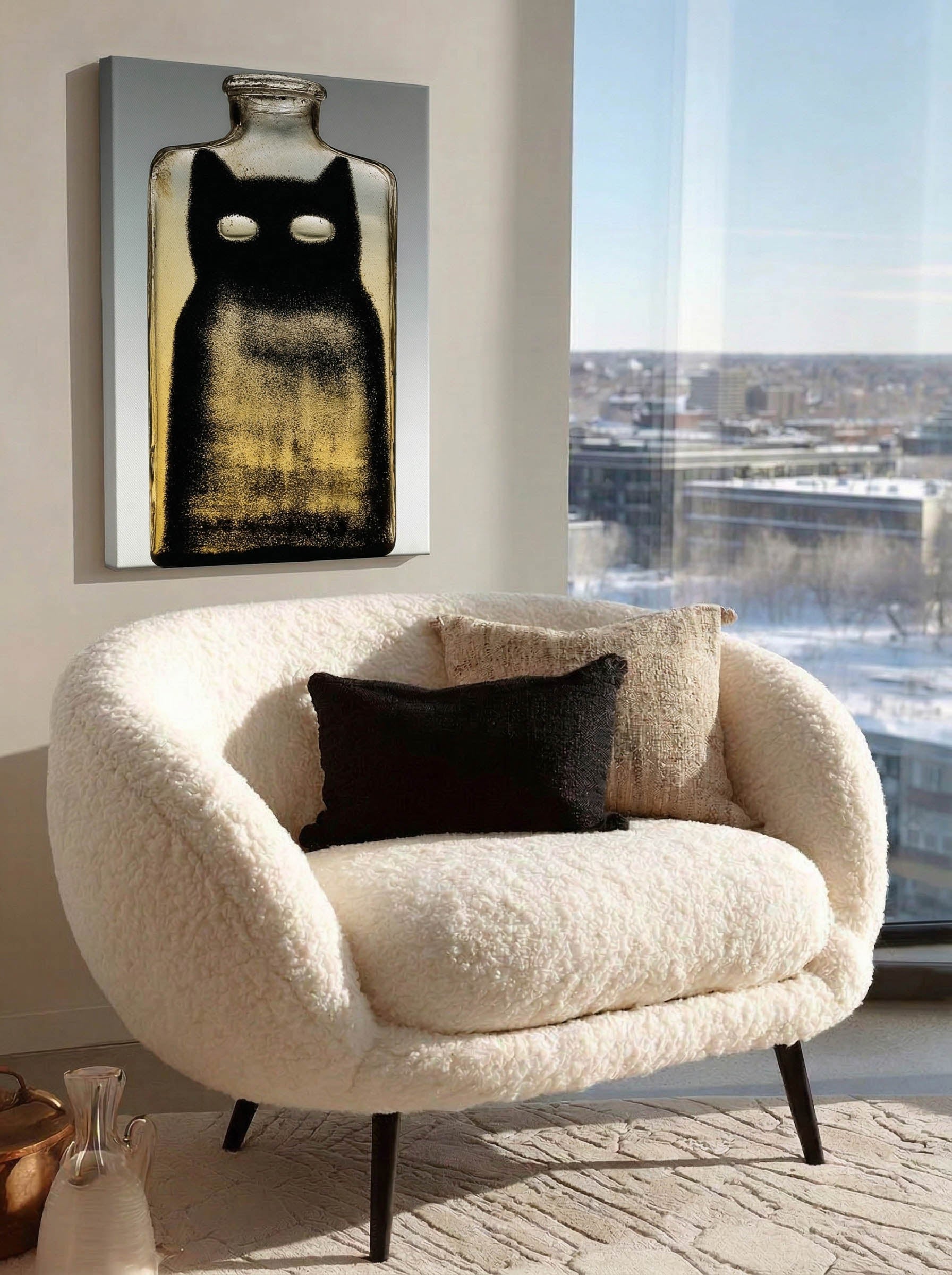 Black Cat Bottle – Surreal Minimalist Cat Wall Art 451