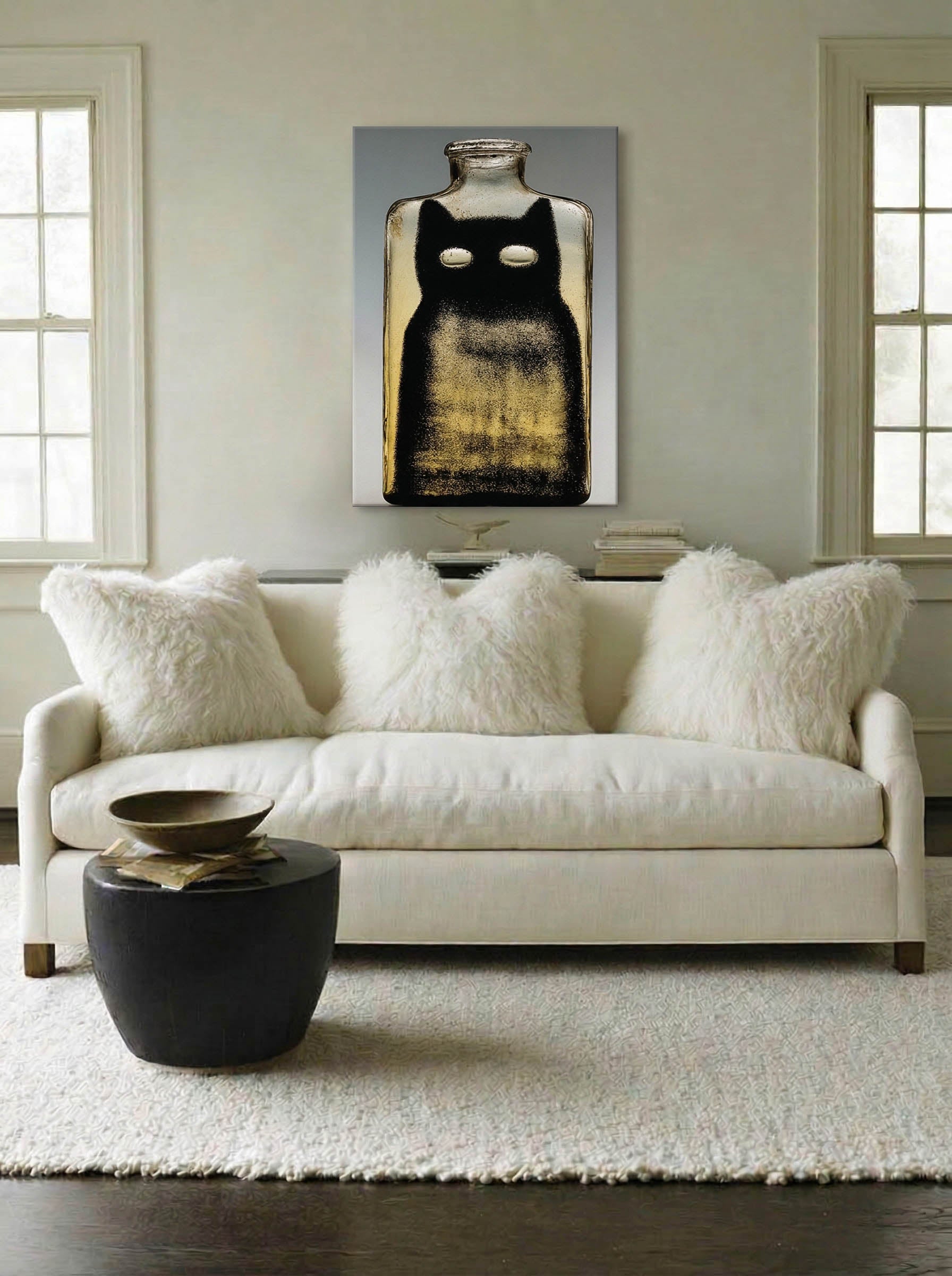 Black Cat Bottle – Surreal Minimalist Cat Wall Art 451