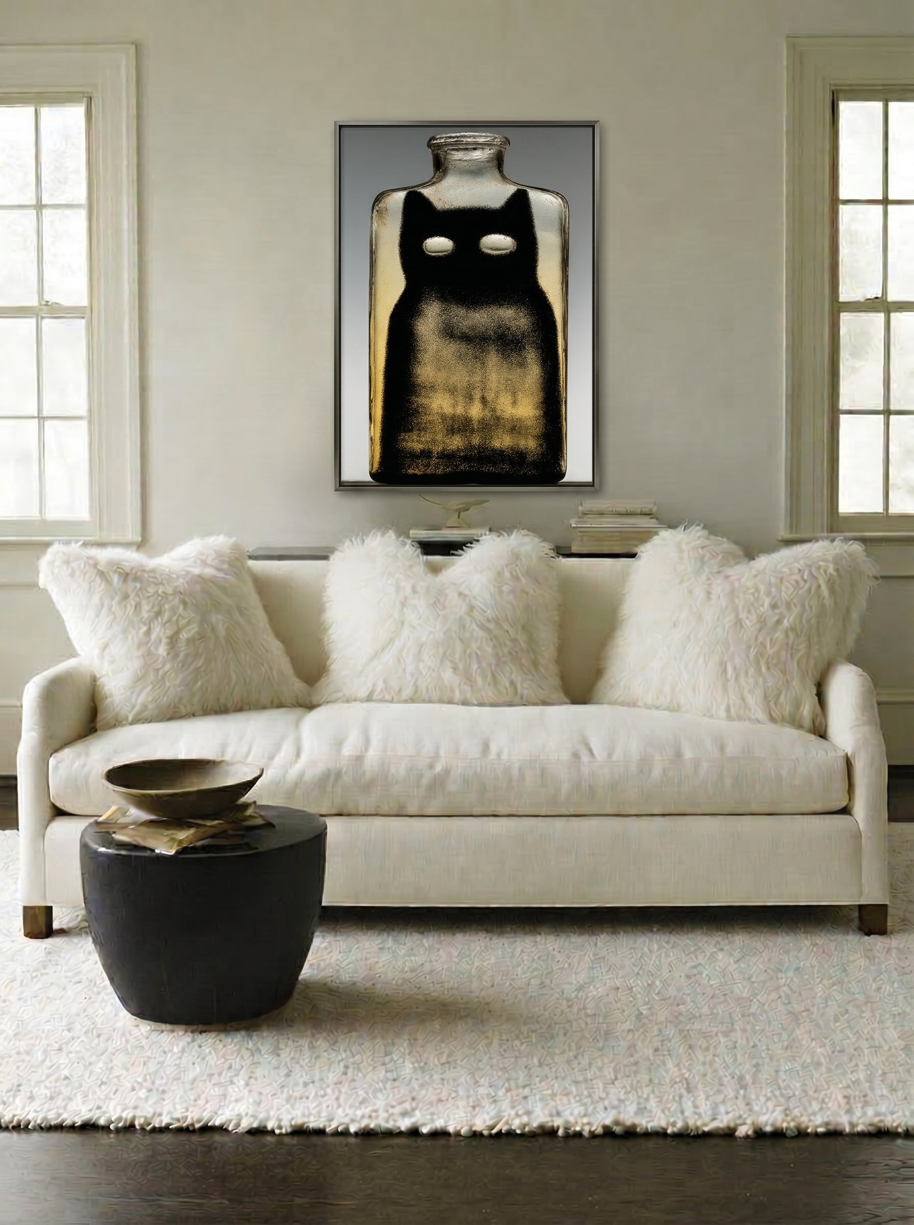 Black Cat Bottle – Surreal Minimalist Cat Wall Art 451