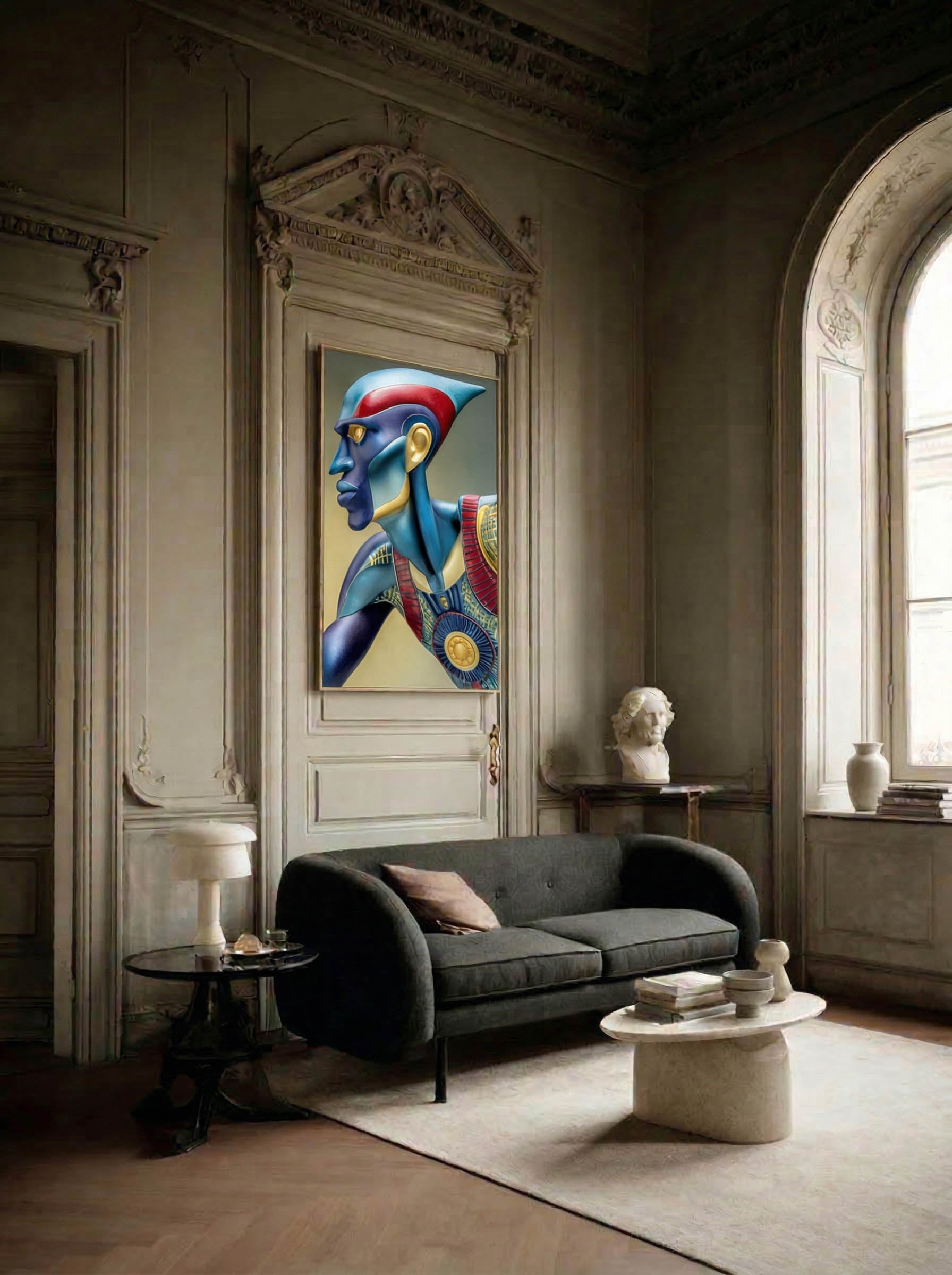 Cobalt Guardian – Surreal Heroic Armored Profile Wall Art 466