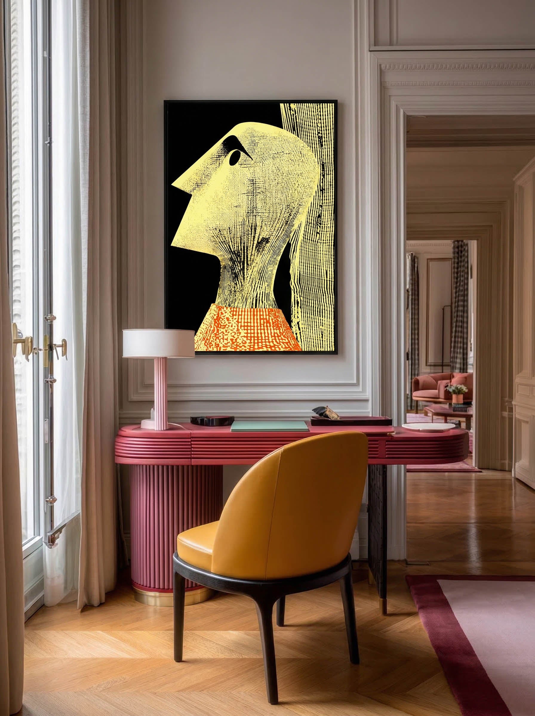 Yellow Figure – Surreal Graphic Engraving Portrait Wall Art 475