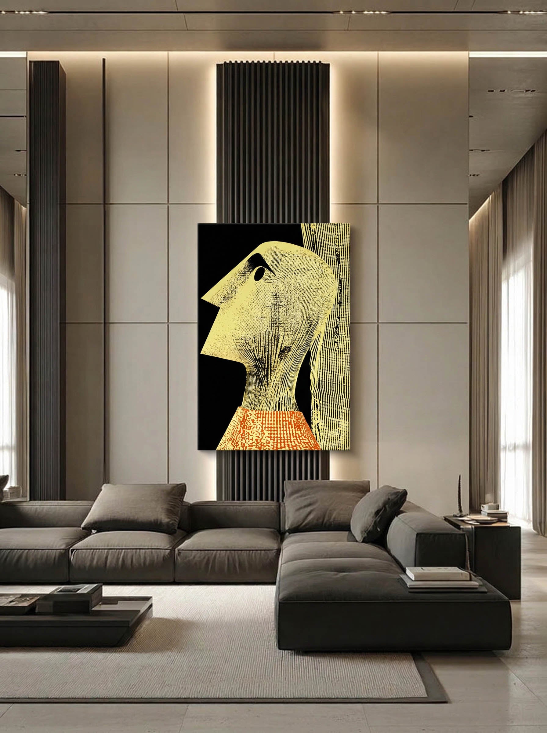 Yellow Figure – Surreal Graphic Engraving Portrait Wall Art 475
