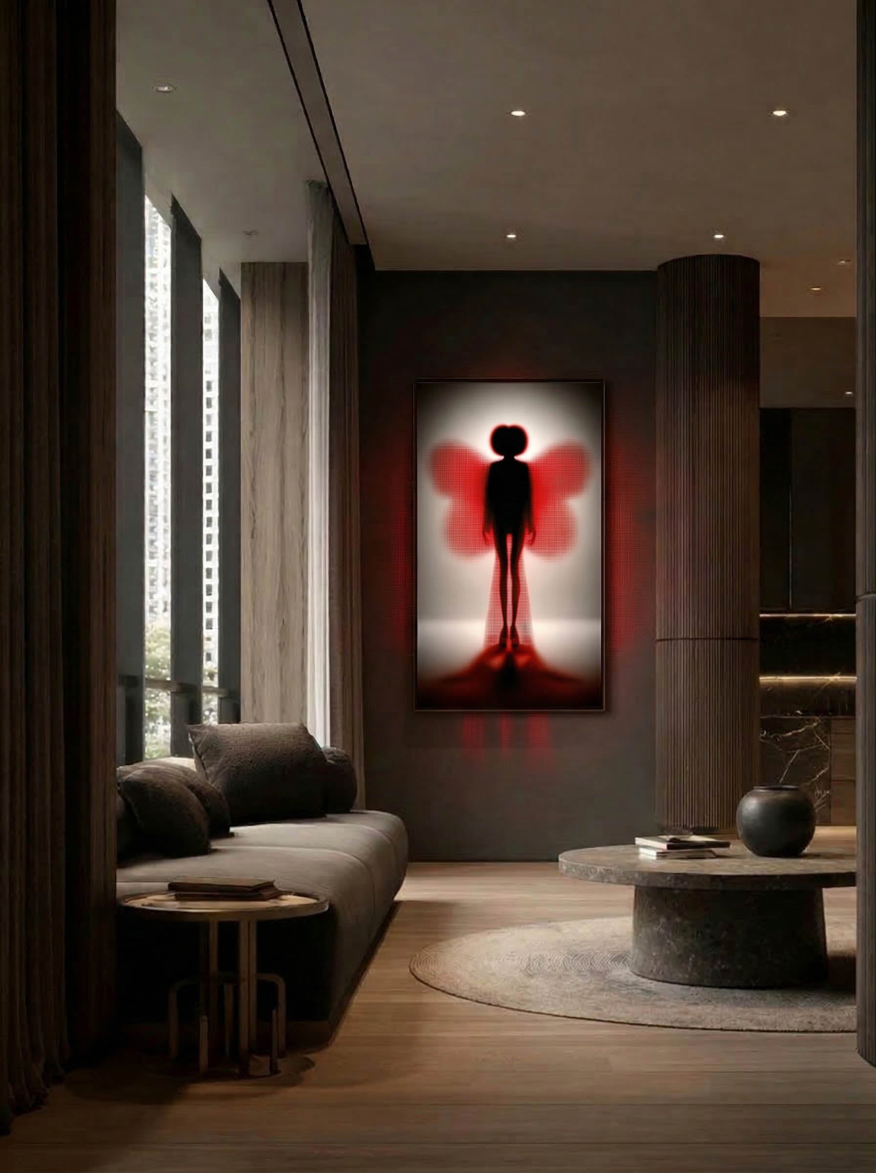 Crimson Silhouette – Surreal Minimalist Wings Wall Art 543