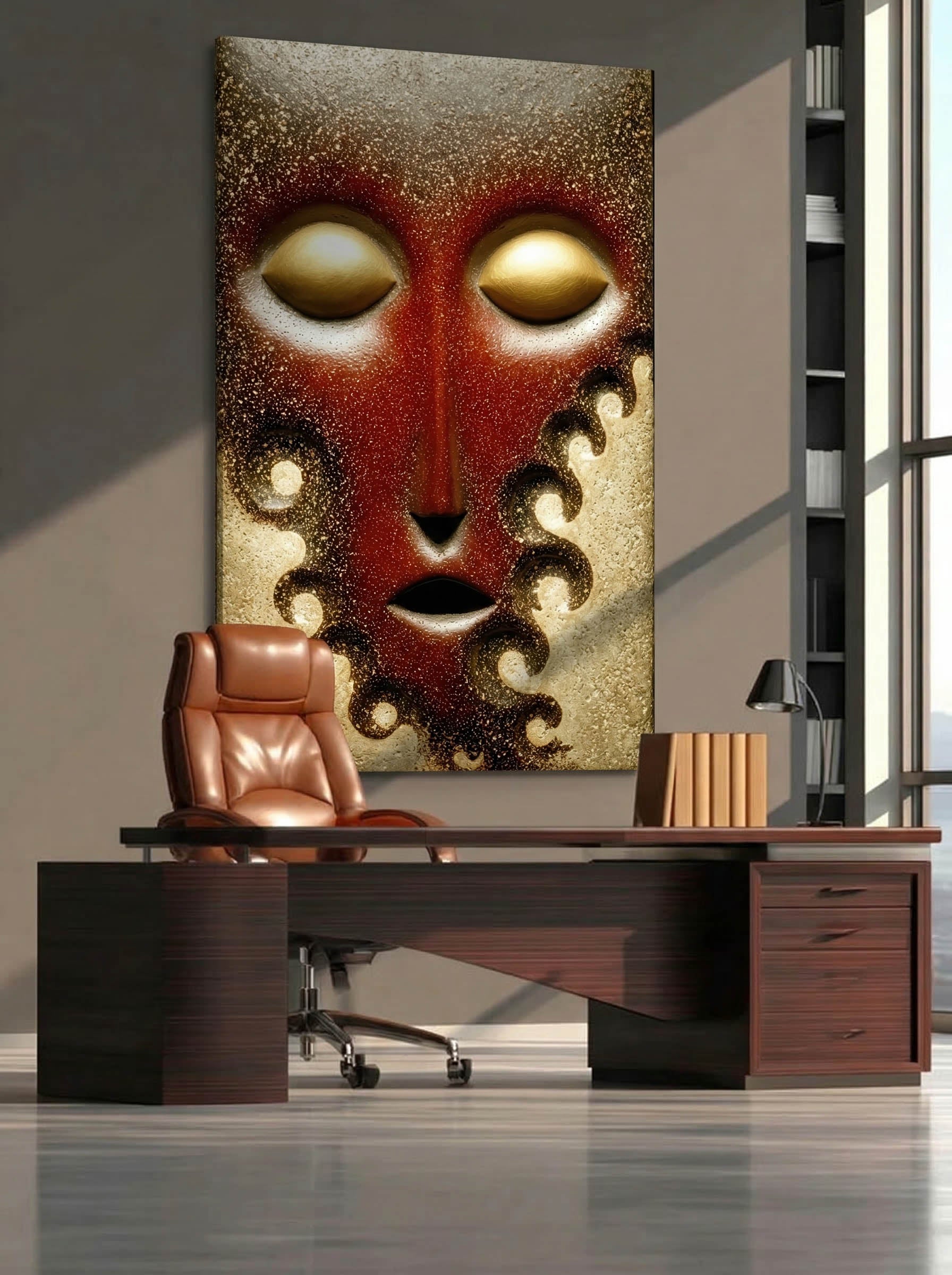 Crimson Silence – Surreal Textured Mask Wall Art 547