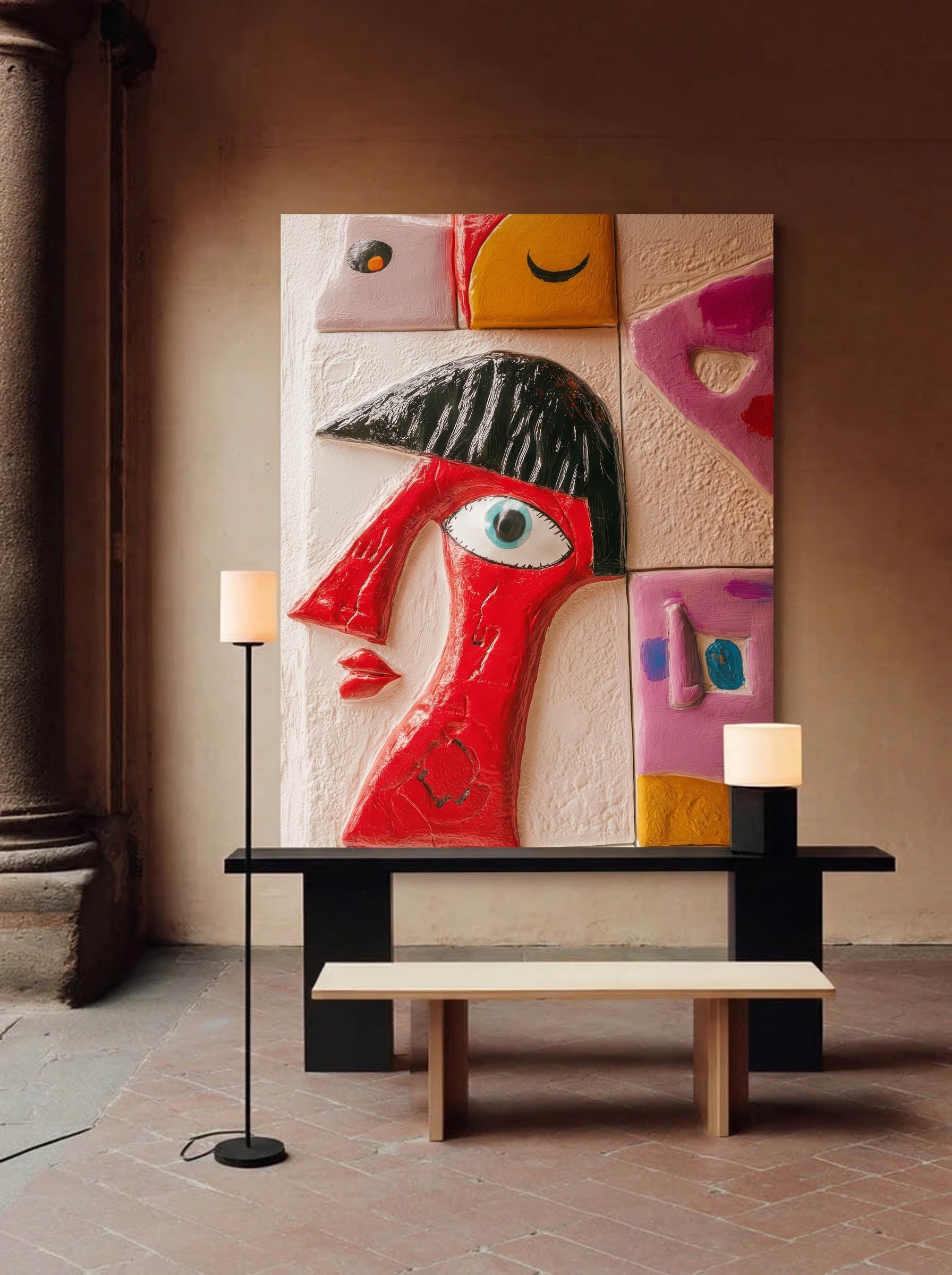 Crimson Observer – Surreal Folk Art Portrait Wall Art 563