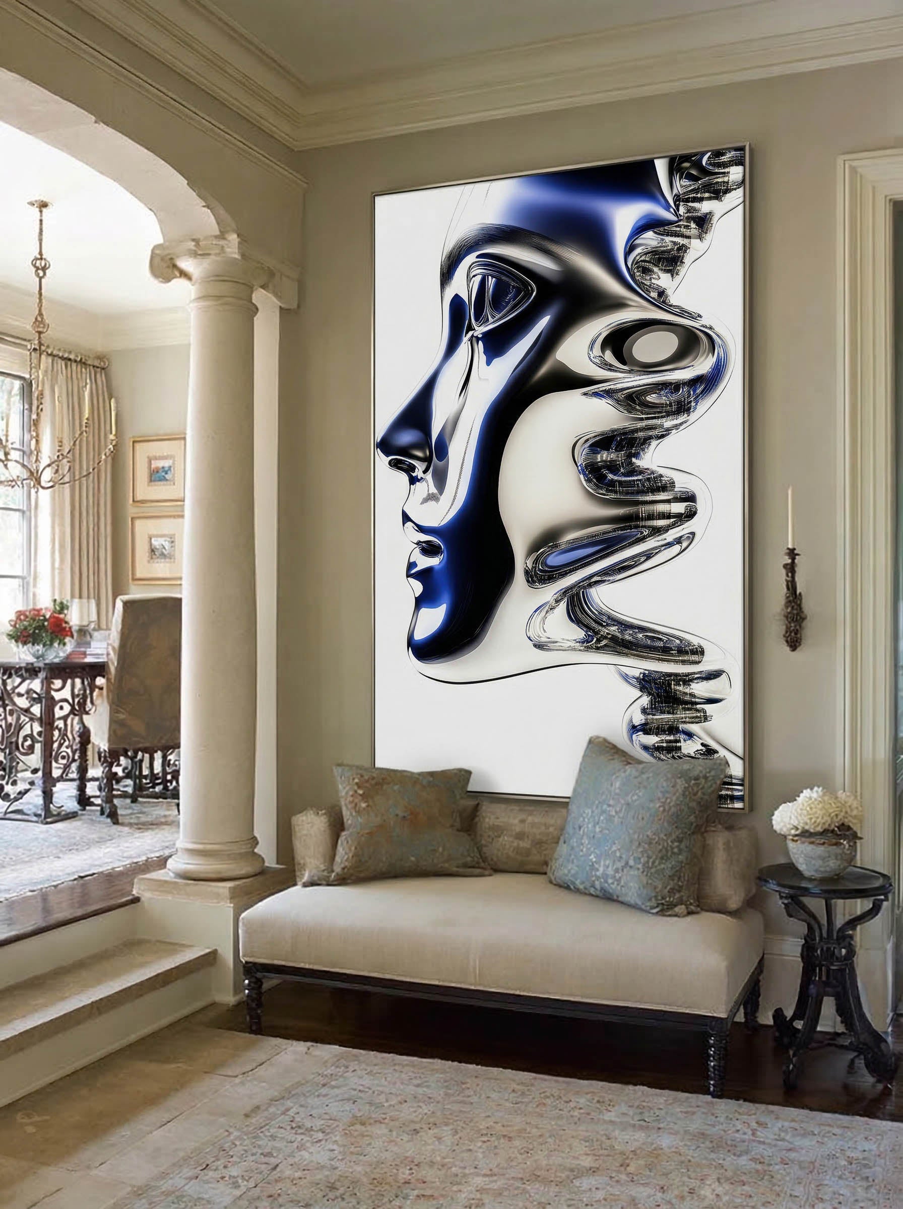 Blue Chrome Wave – Surreal Futuristic Profile Wall Art 578