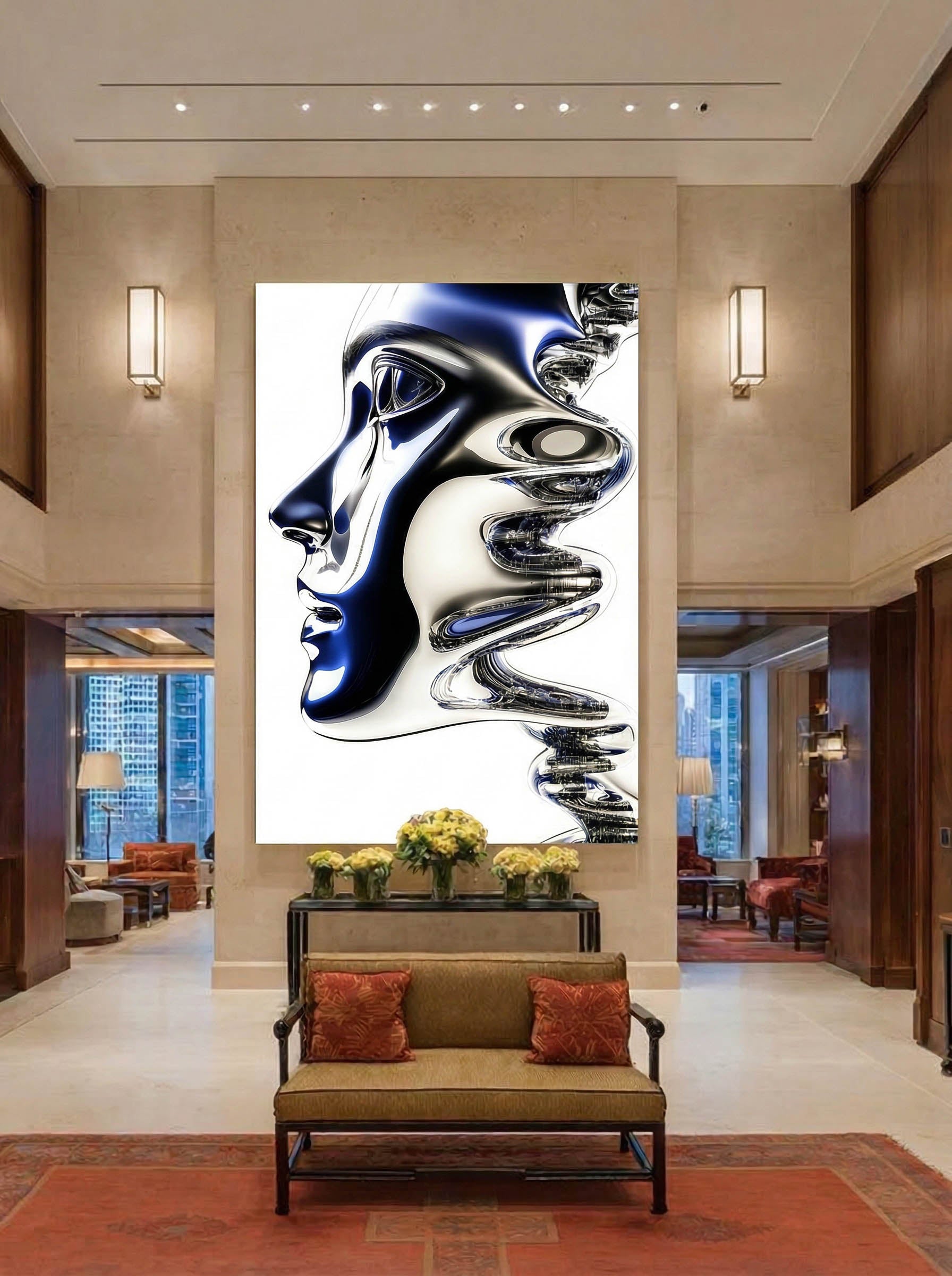 Blue Chrome Wave – Surreal Futuristic Profile Wall Art 578