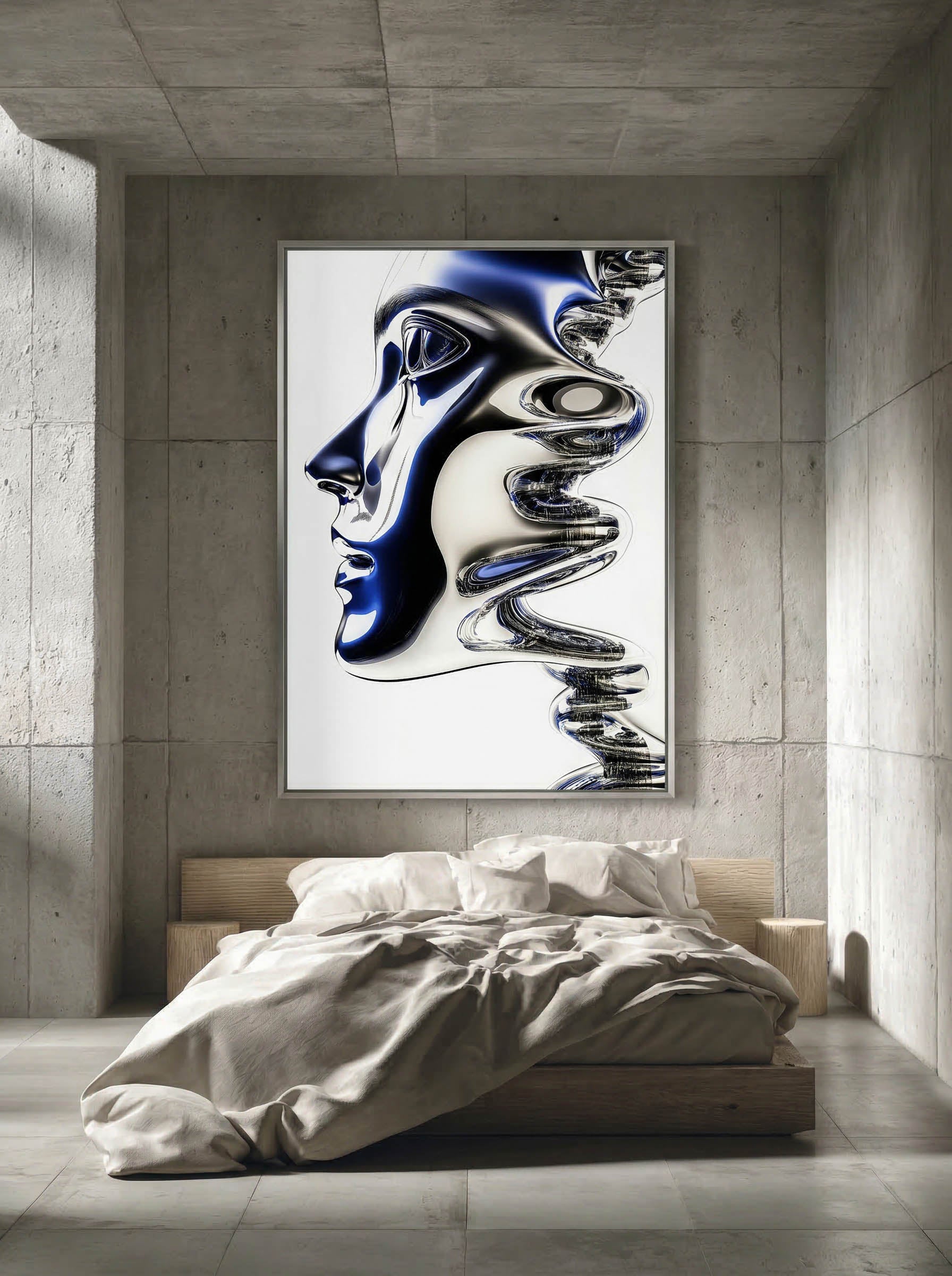 Blue Chrome Wave – Surreal Futuristic Profile Wall Art 578
