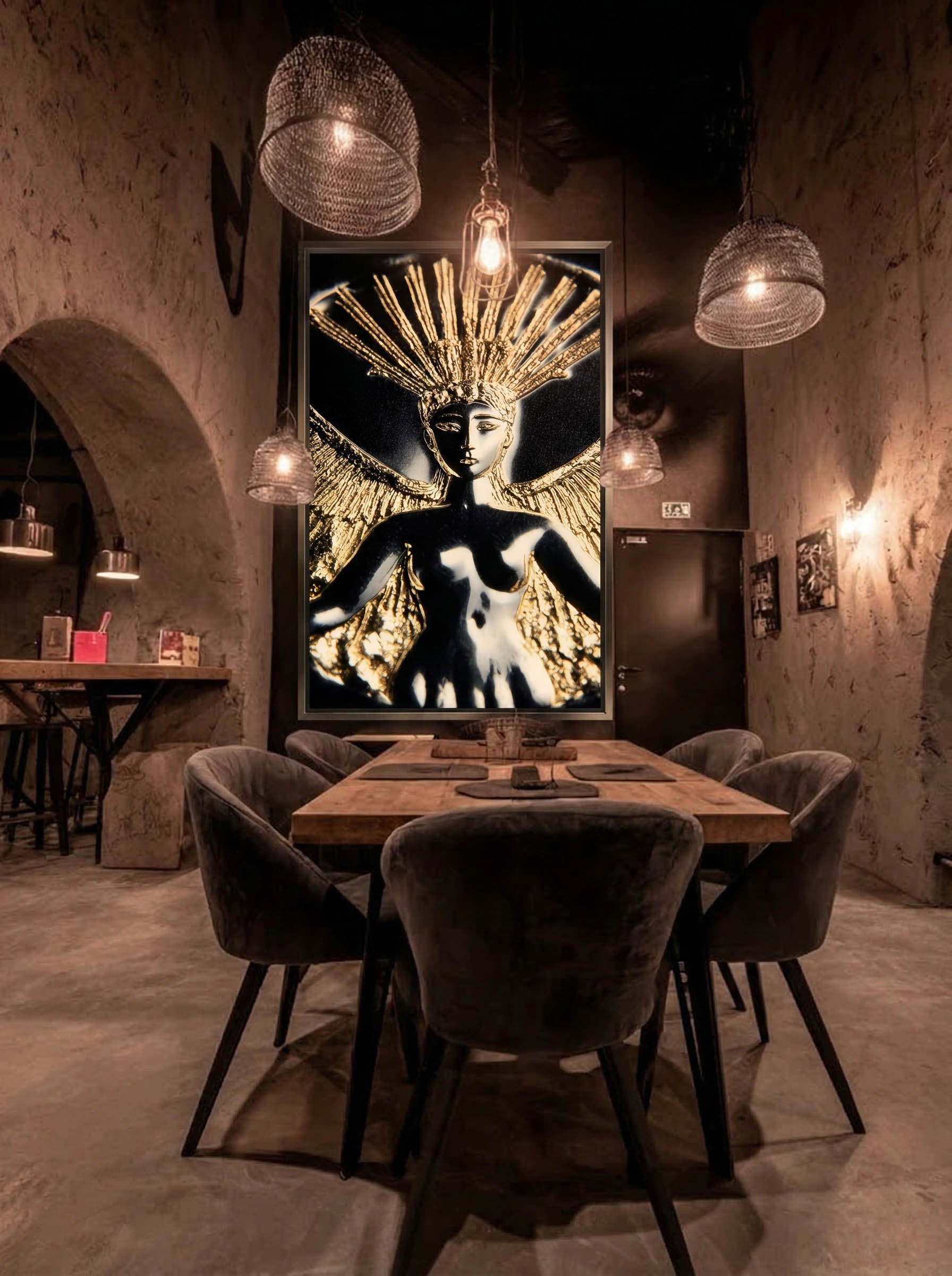 Radiant Wings – Surreal Gold Relief Figure Wall Art 584