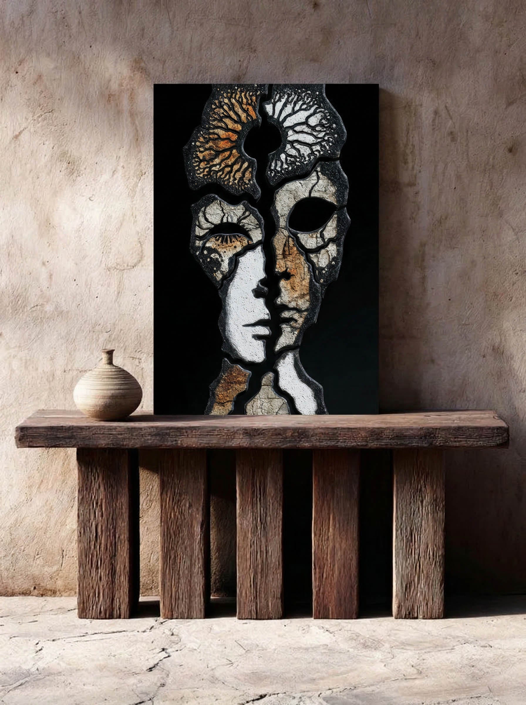 Two Faces – Surreal Gothic Stone Portrait Wall Art 585