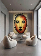 Crimson Presence – Surreal Folk Stipple Mask Wall Art 588