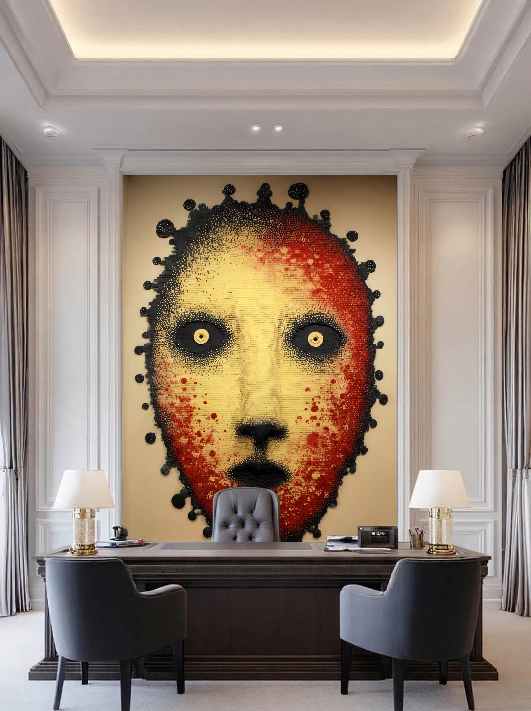 Crimson Presence – Surreal Folk Stipple Mask Wall Art 588
