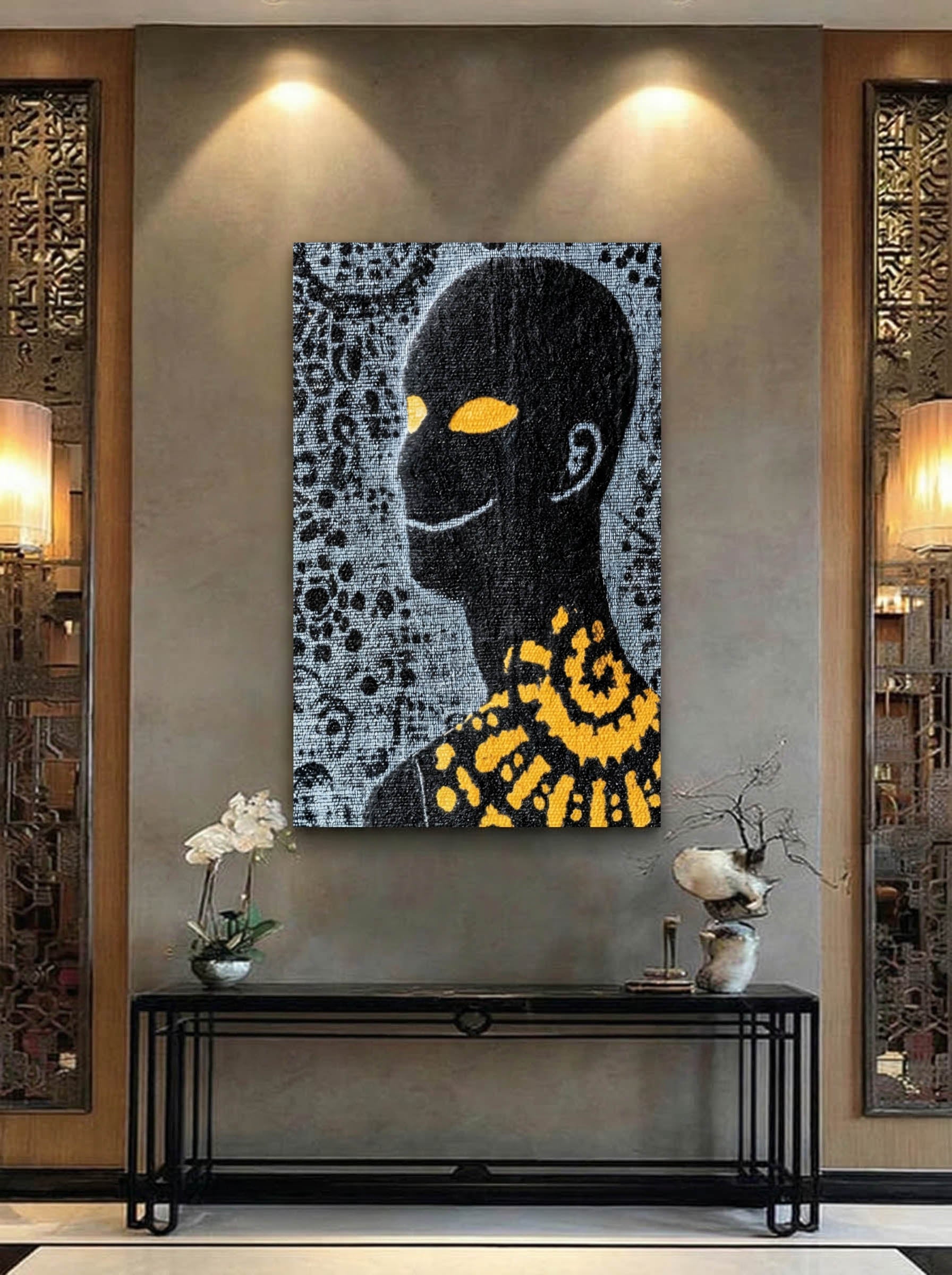 Amber Gaze – Surreal Folk Swirl Figure Wall Art 590