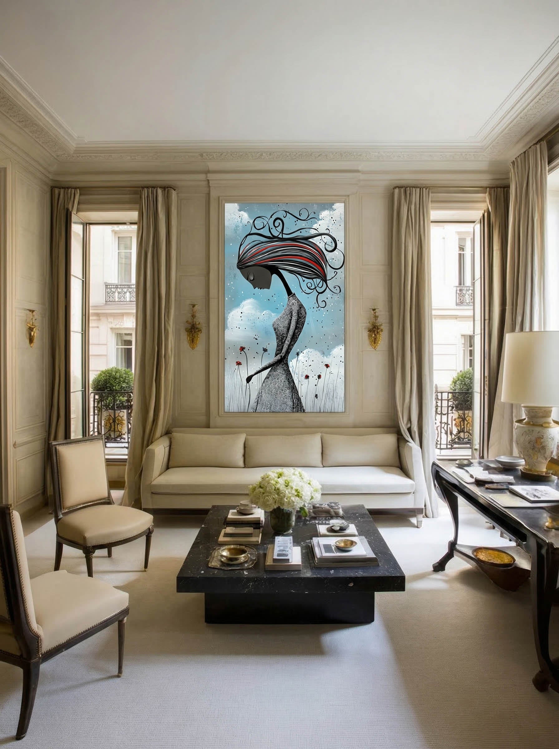 Crimson Breeze – Surreal Folk Floral Figure Wall Art 597