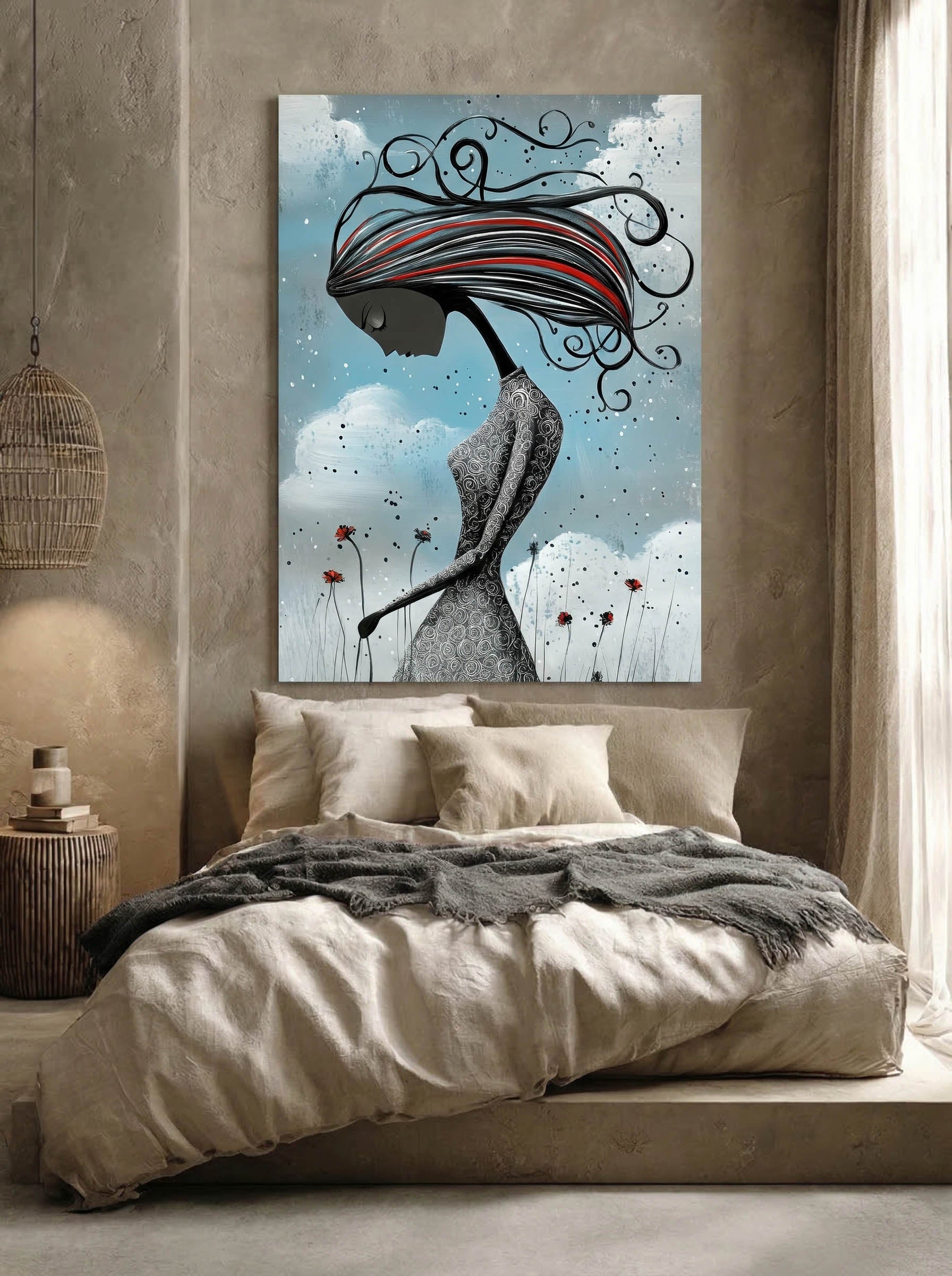 Crimson Breeze – Surreal Folk Floral Figure Wall Art 597