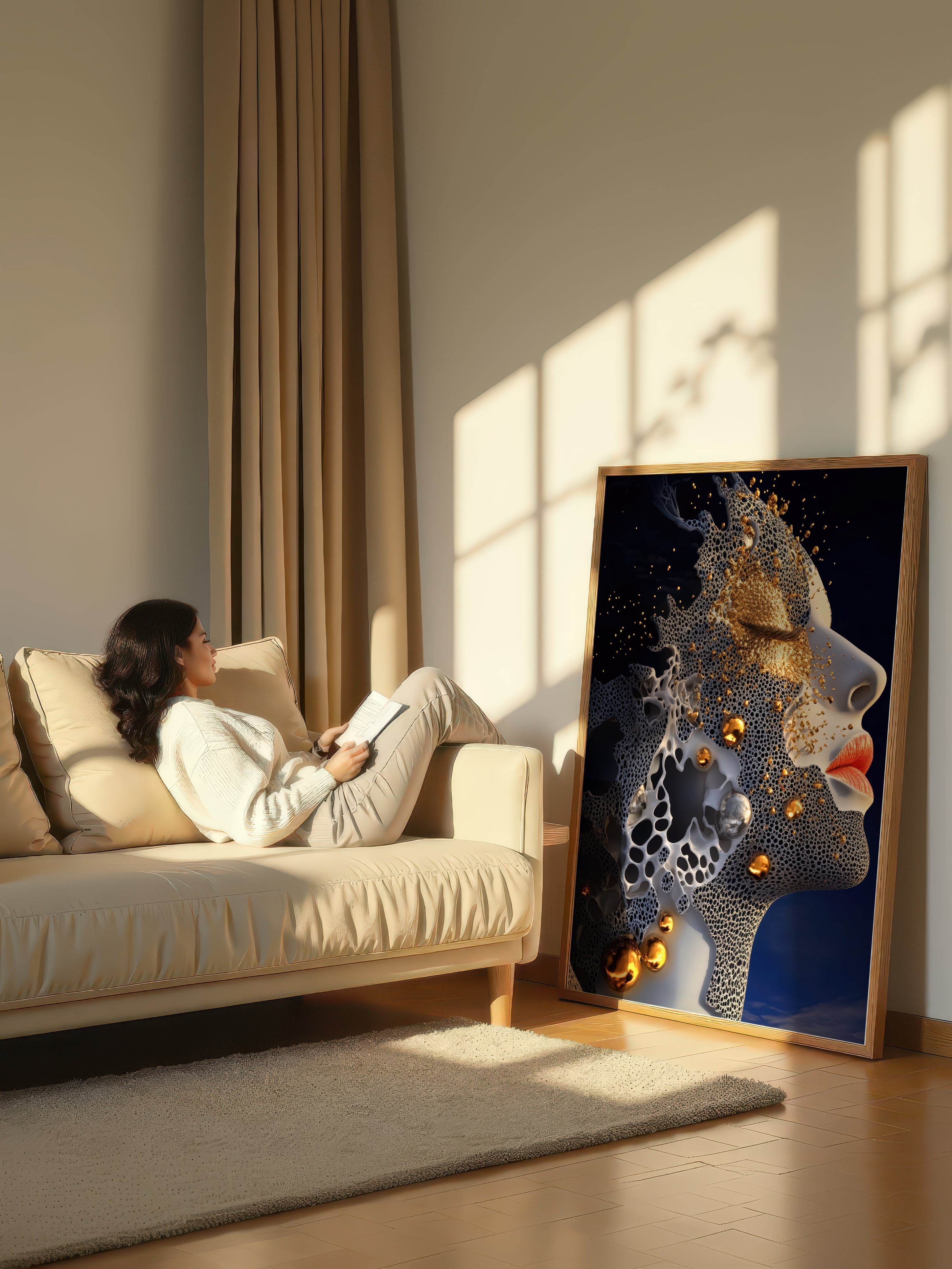 Gilded Porosity – Surreal Honeycomb Gold Abstract Portrait Wall Art 329