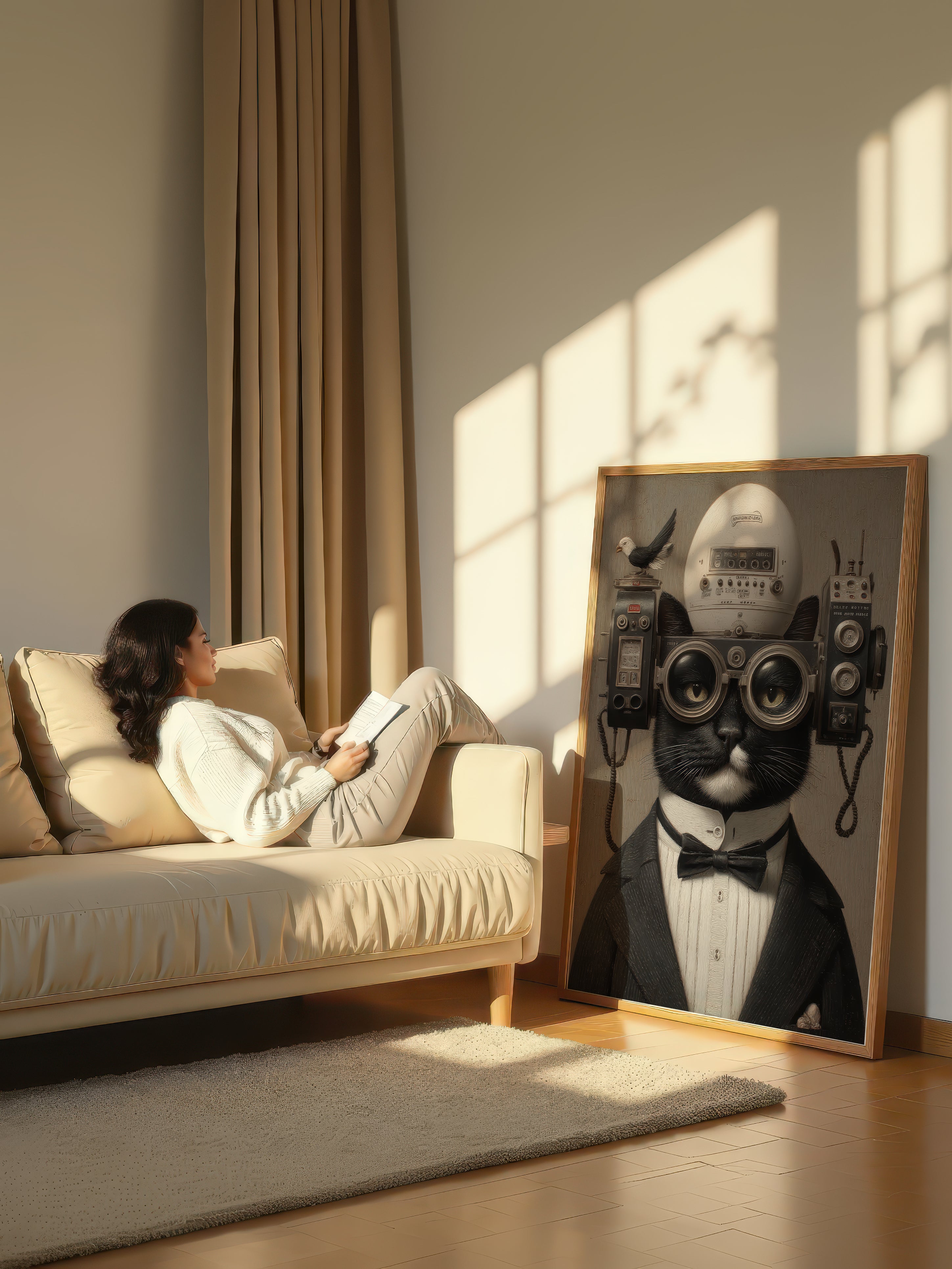 The Scholarly Aeronaut – Surreal Steampunk Tuxedo Cat Wall Art 198