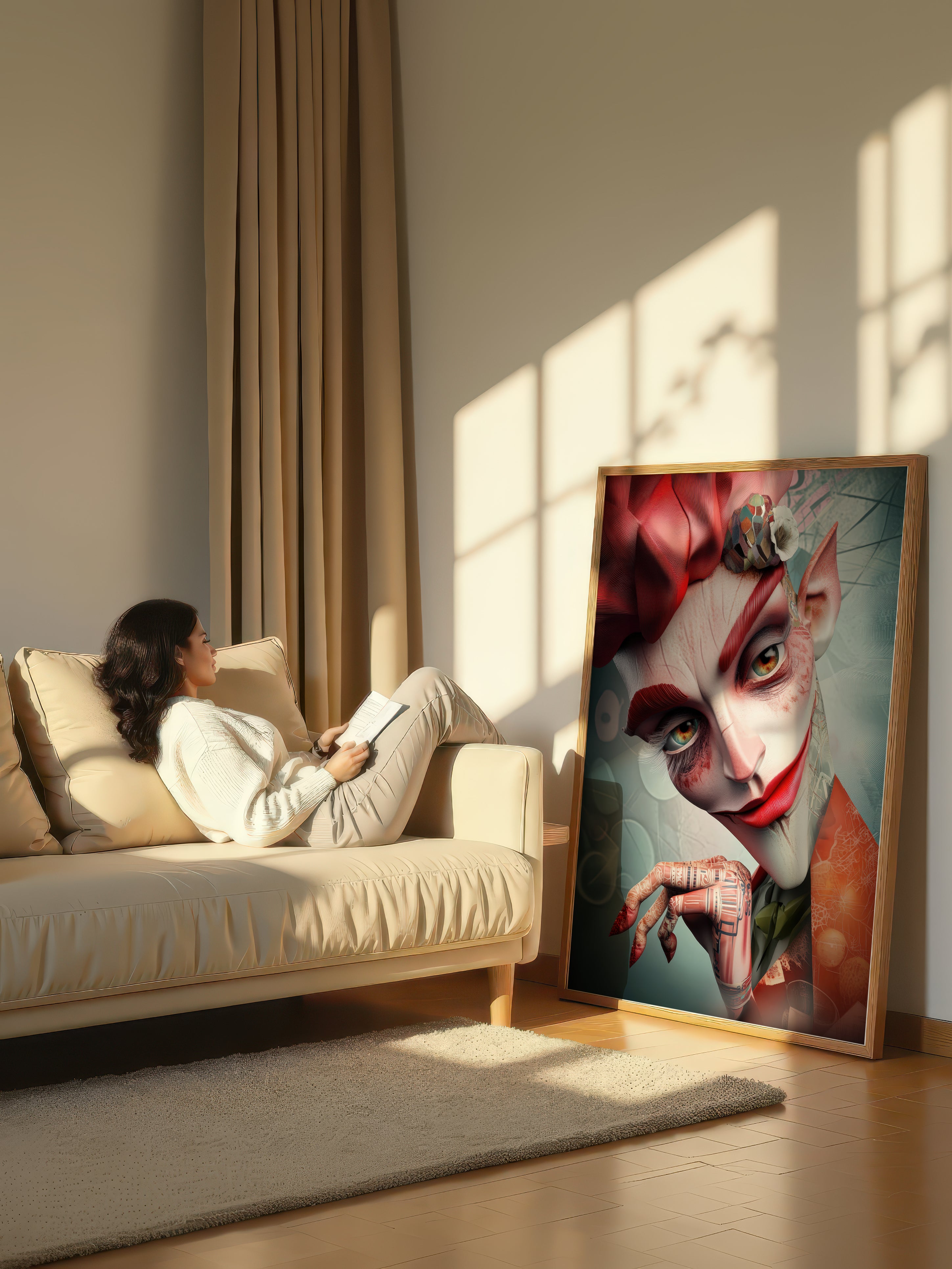 Crimson Contemplation – Surreal Theatrical Clown Portrait Wall Art 348