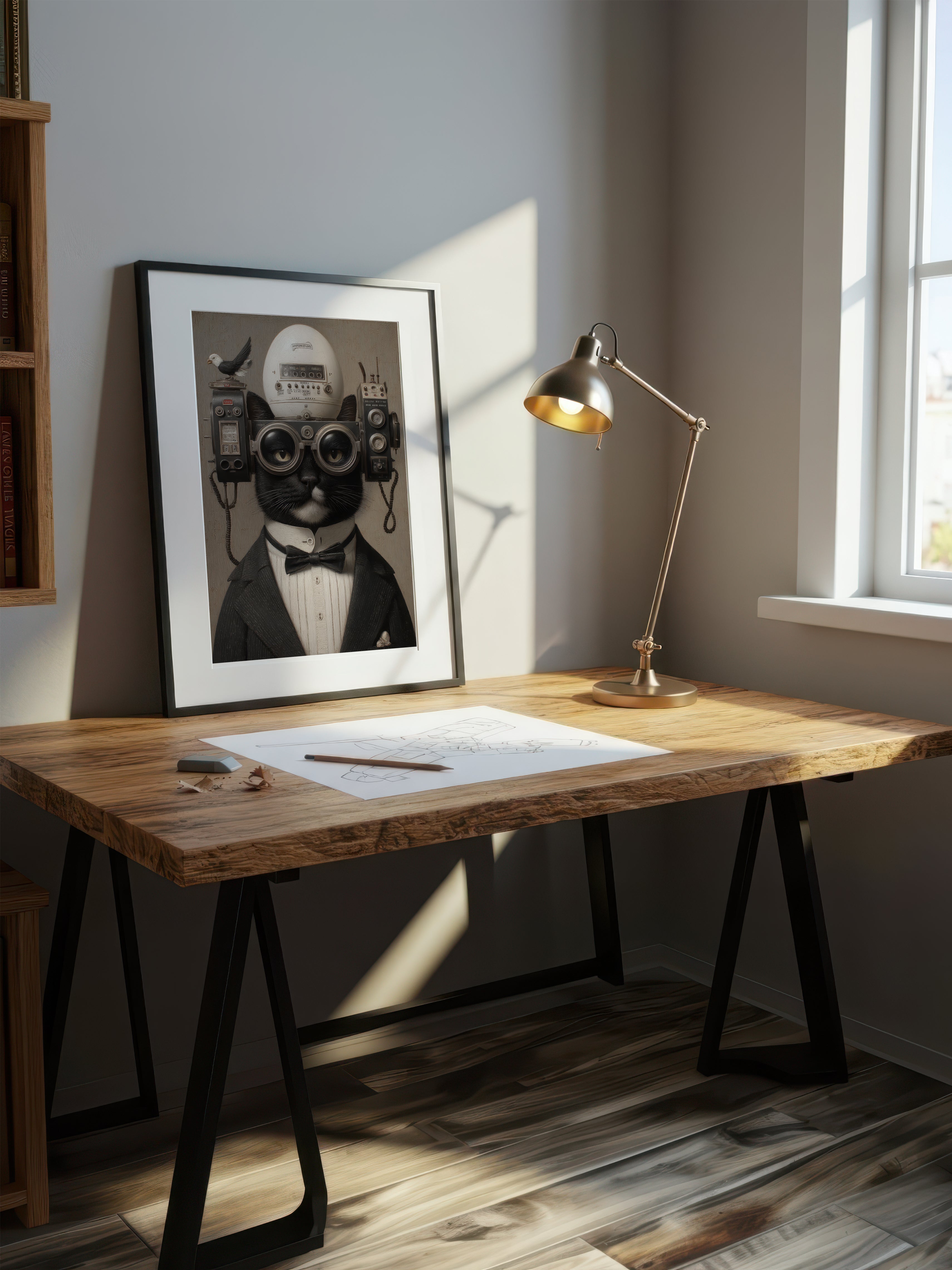 The Scholarly Aeronaut – Surreal Steampunk Tuxedo Cat Wall Art 198