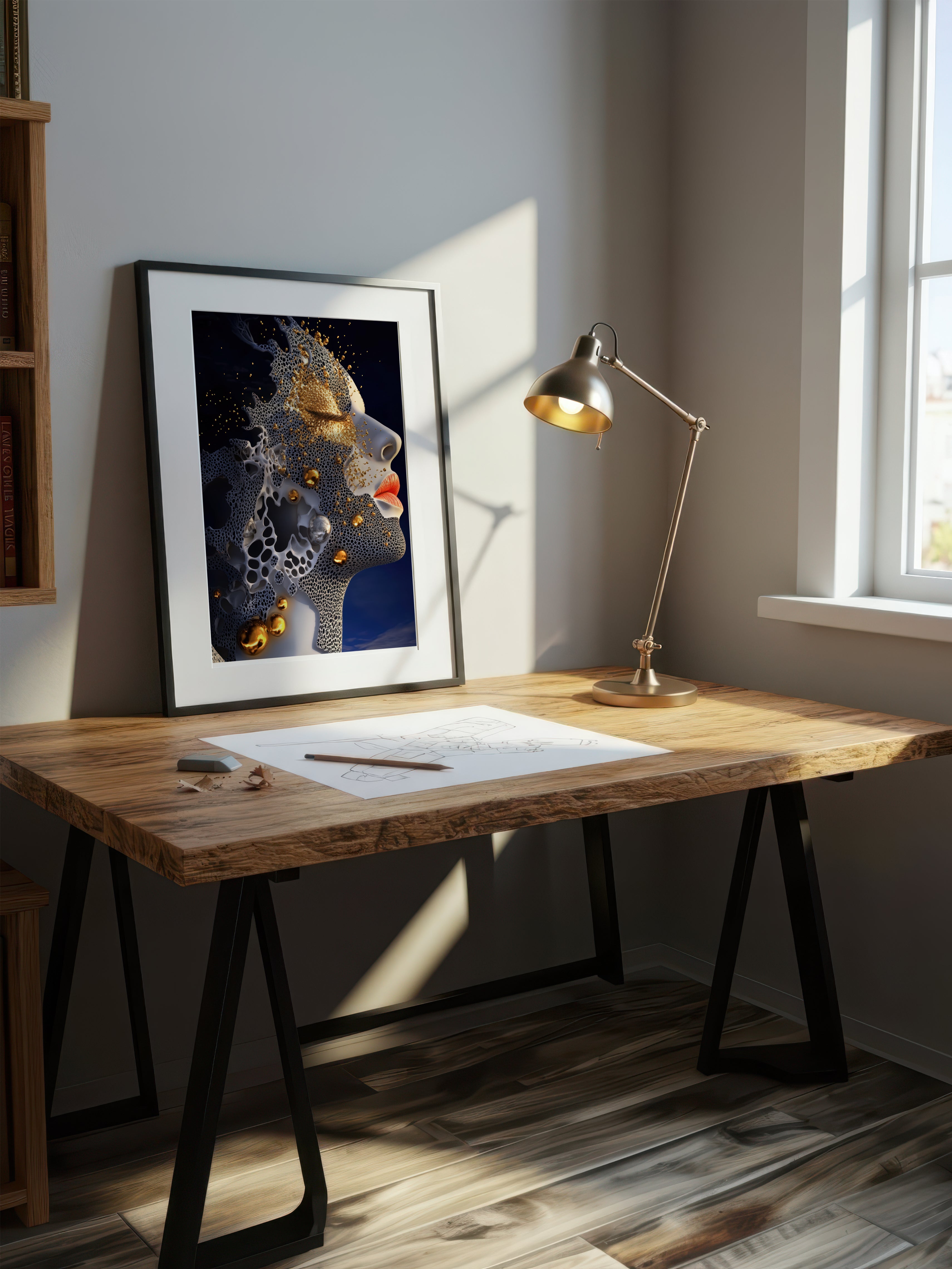 Gilded Porosity – Surreal Honeycomb Gold Abstract Portrait Wall Art 329