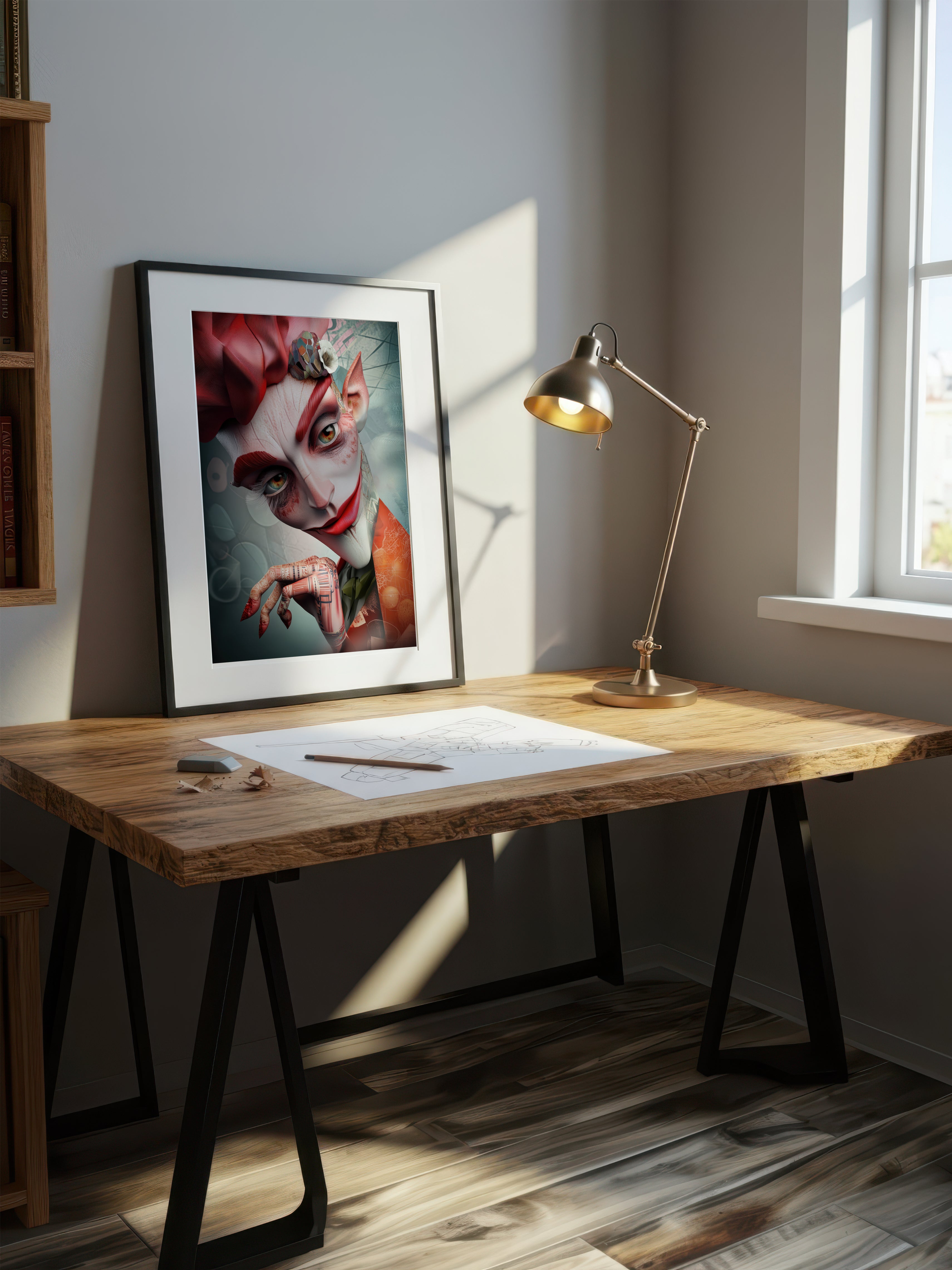 Crimson Contemplation – Surreal Theatrical Clown Portrait Wall Art 348