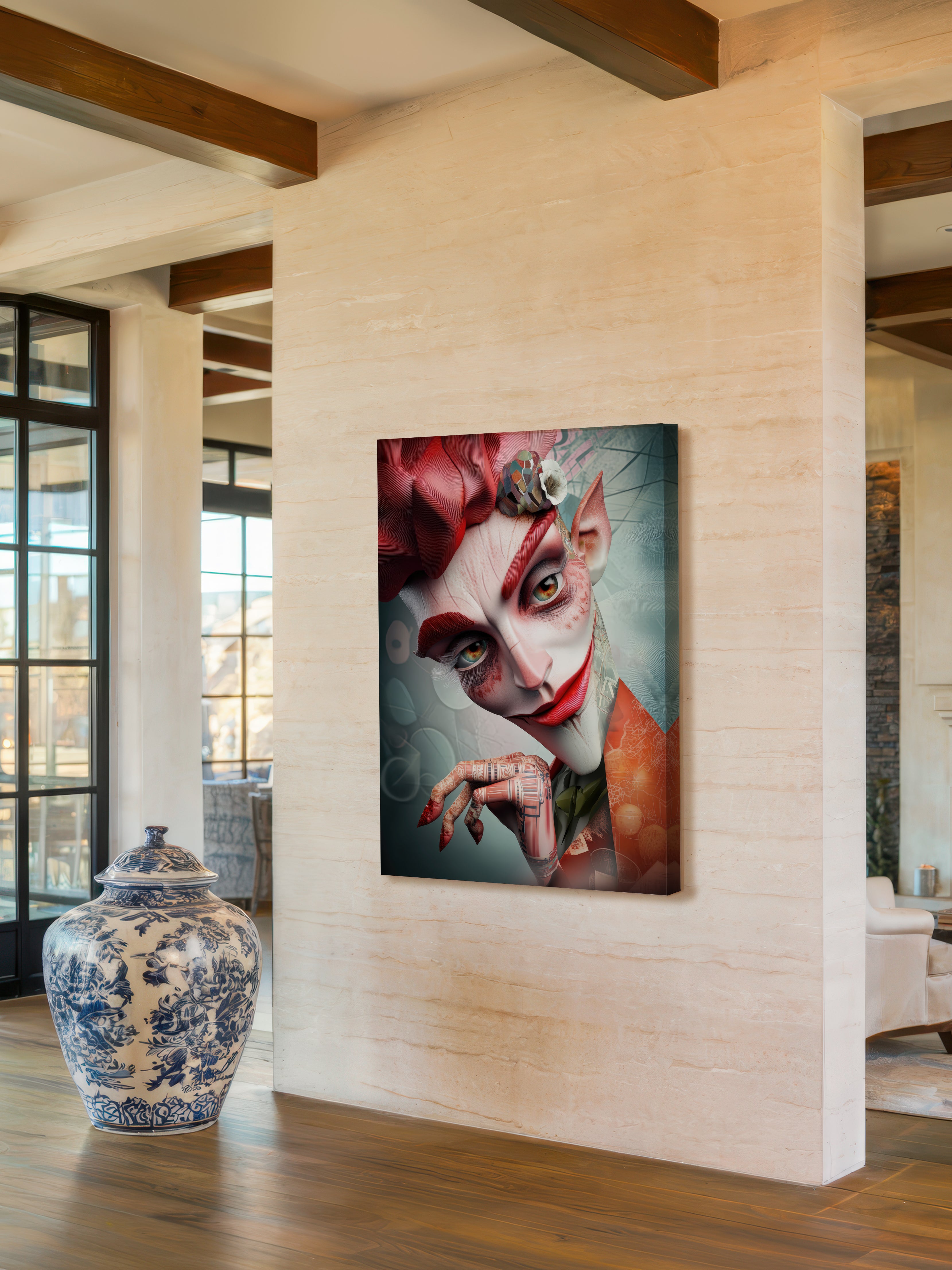 Crimson Contemplation – Surreal Theatrical Clown Portrait Wall Art 348