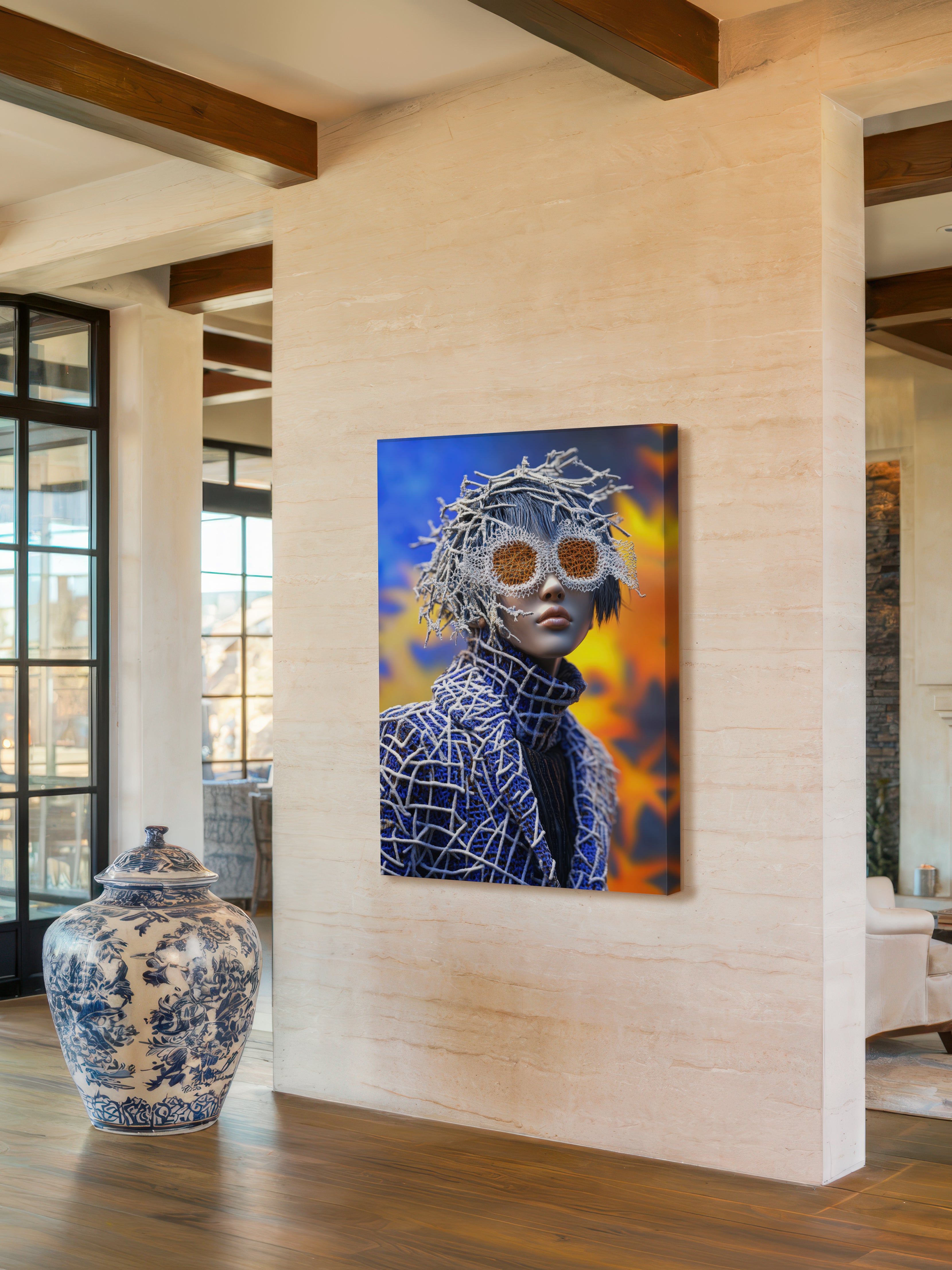 Cobalt Lattice – Surreal Avant-Garde Fashion Portrait Wall Art 331