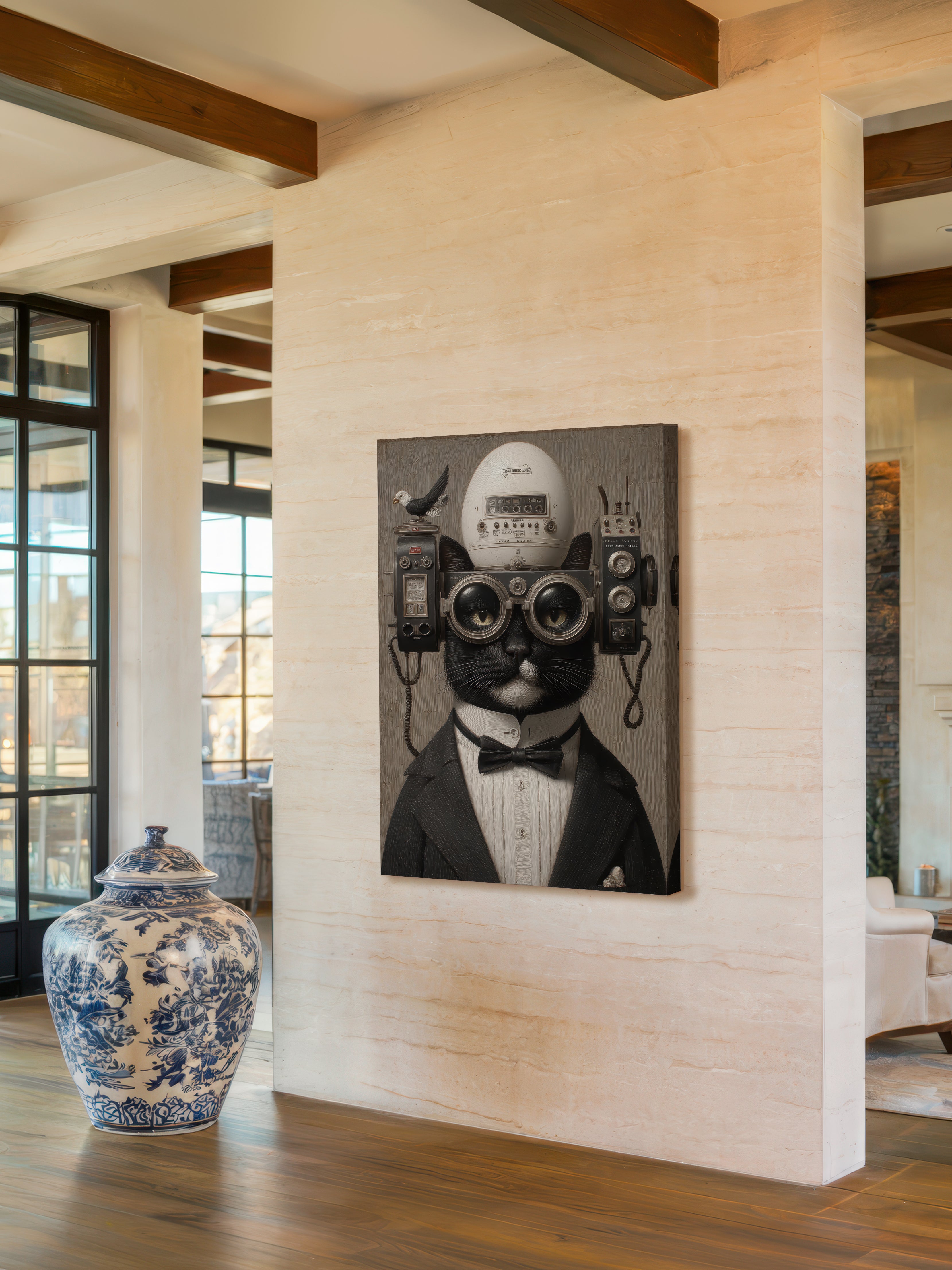 The Scholarly Aeronaut – Surreal Steampunk Tuxedo Cat Wall Art 198