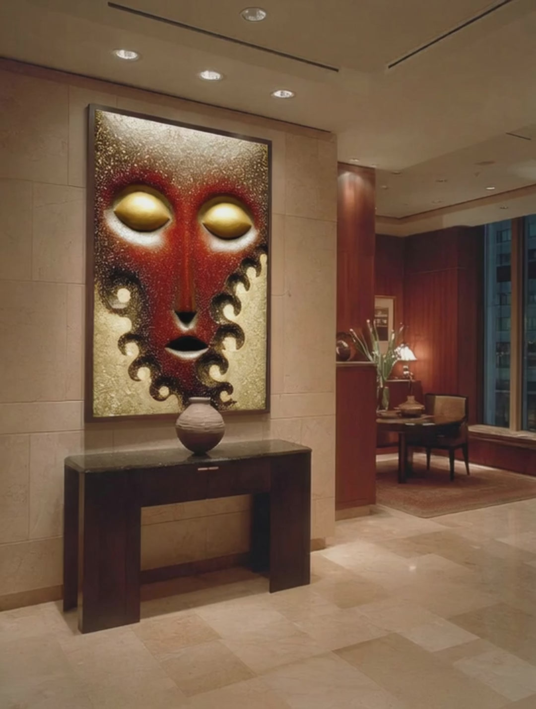 Crimson Silence – Surreal Textured Mask Wall Art 547