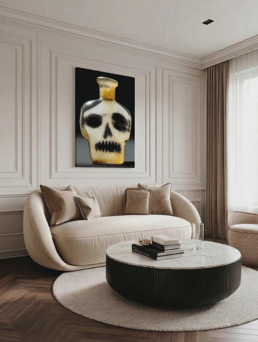 Skull in Glass – Surreal Curiosity Skull Bottle Wall Art 452