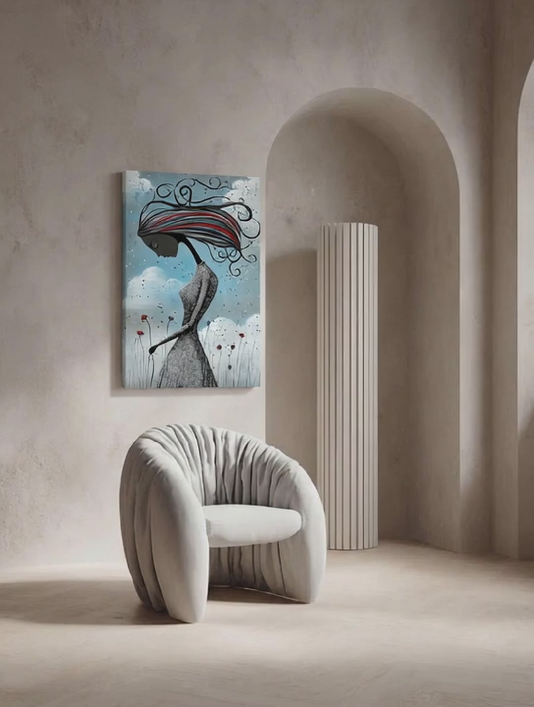 Crimson Breeze – Surreal Folk Floral Figure Wall Art 597