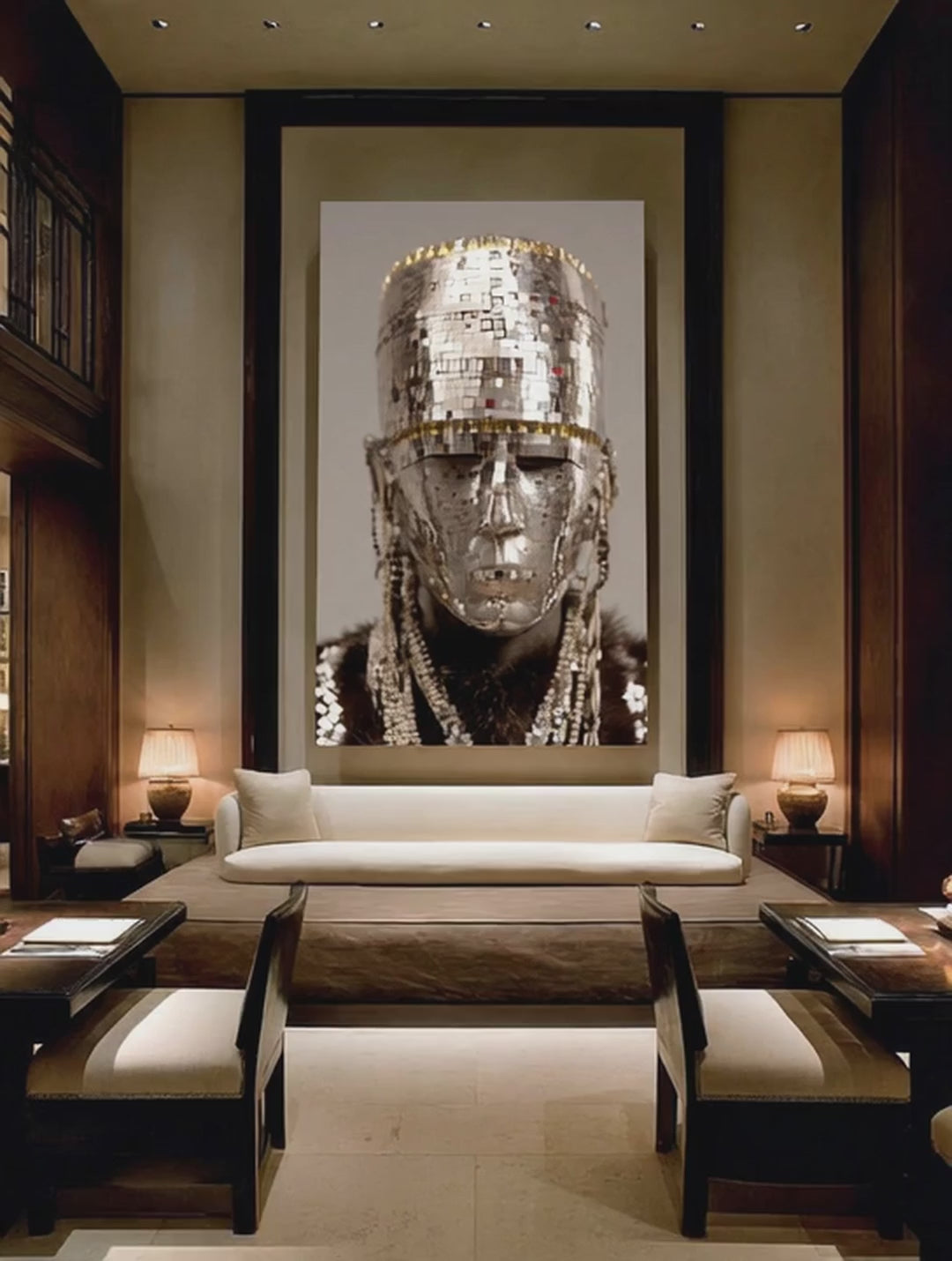 Mirror Mask – Surreal Silver Mosaic Ceremonial Wall Art 441