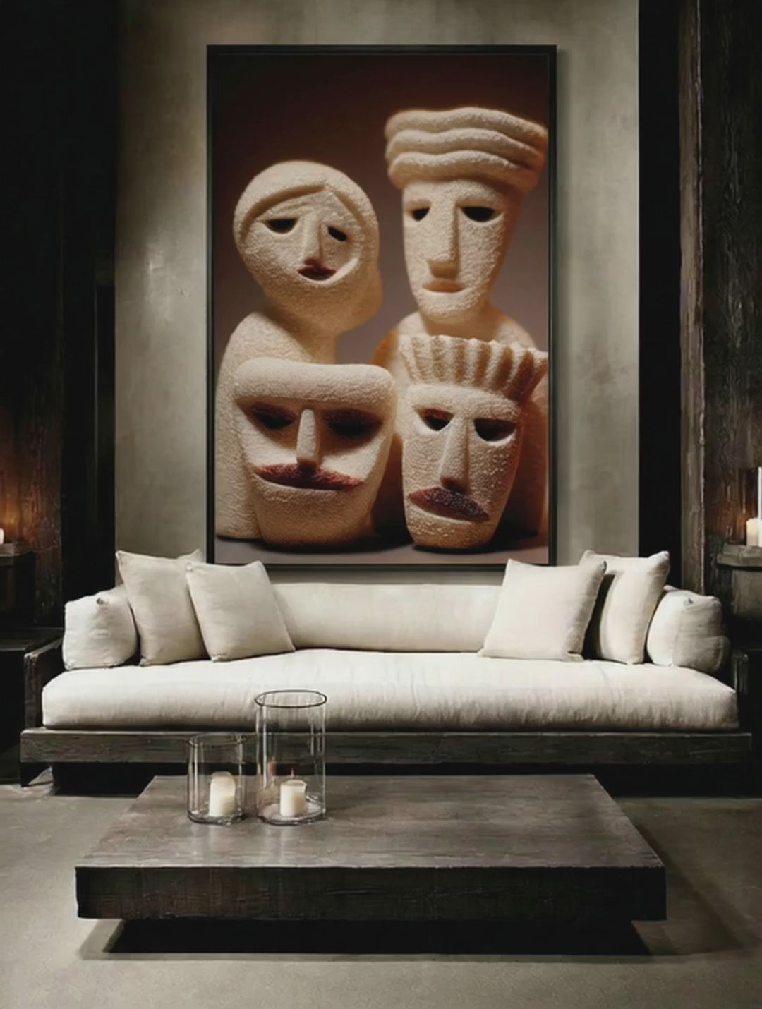 Four Faces – Surreal Wabi Sabi Primitive Figures Wall Art 424