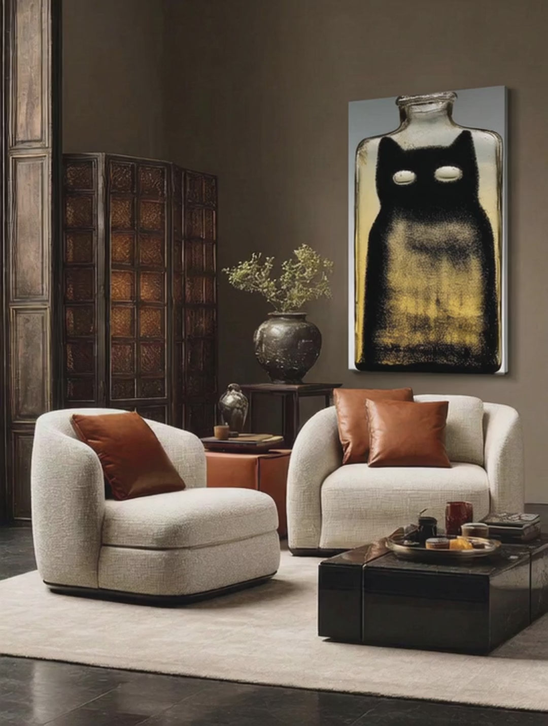 Black Cat Bottle – Surreal Minimalist Cat Wall Art 451