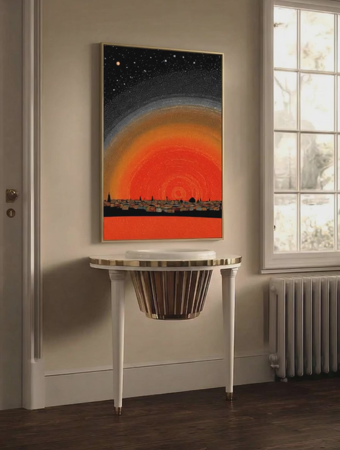 Red Rising City – Surreal Pointillist Night Cityscape Wall Art 436