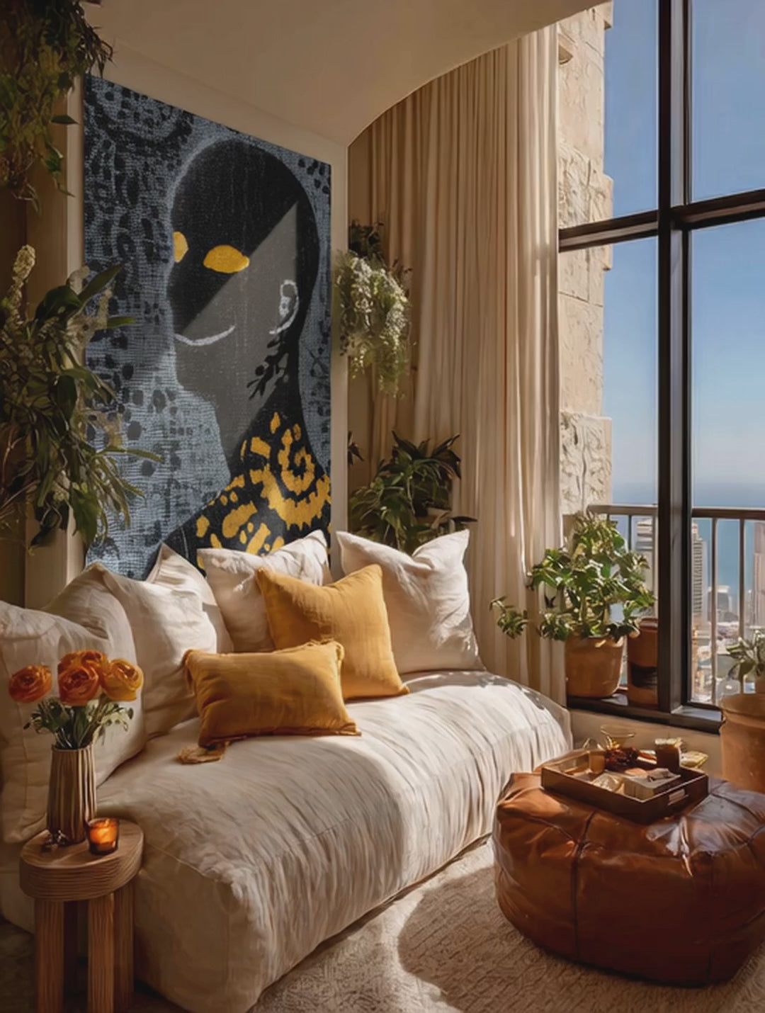 Amber Gaze – Surreal Folk Swirl Figure Wall Art 590